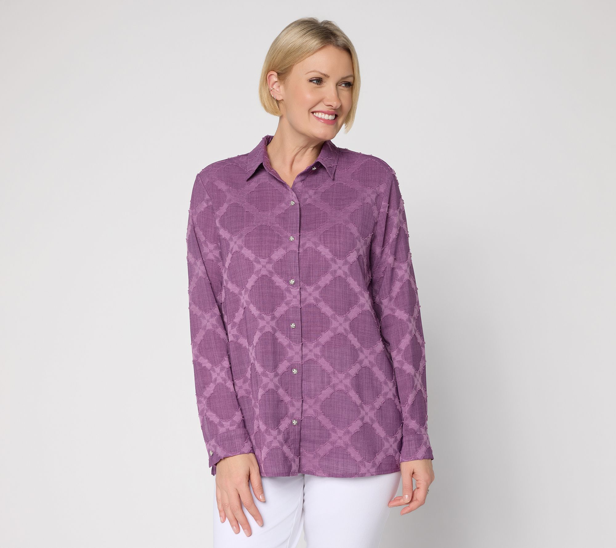 "As Is" Susan Graver Petite Clip Jacquard Woven Button Front Tunic