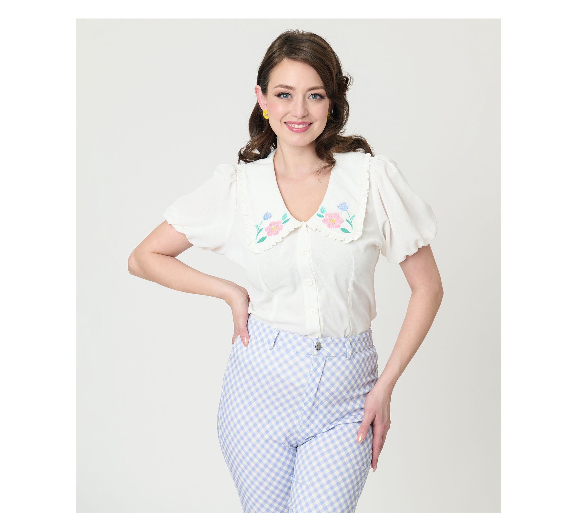 Disney x Unique Vintage White w/ Floral Embroidery Blouse
