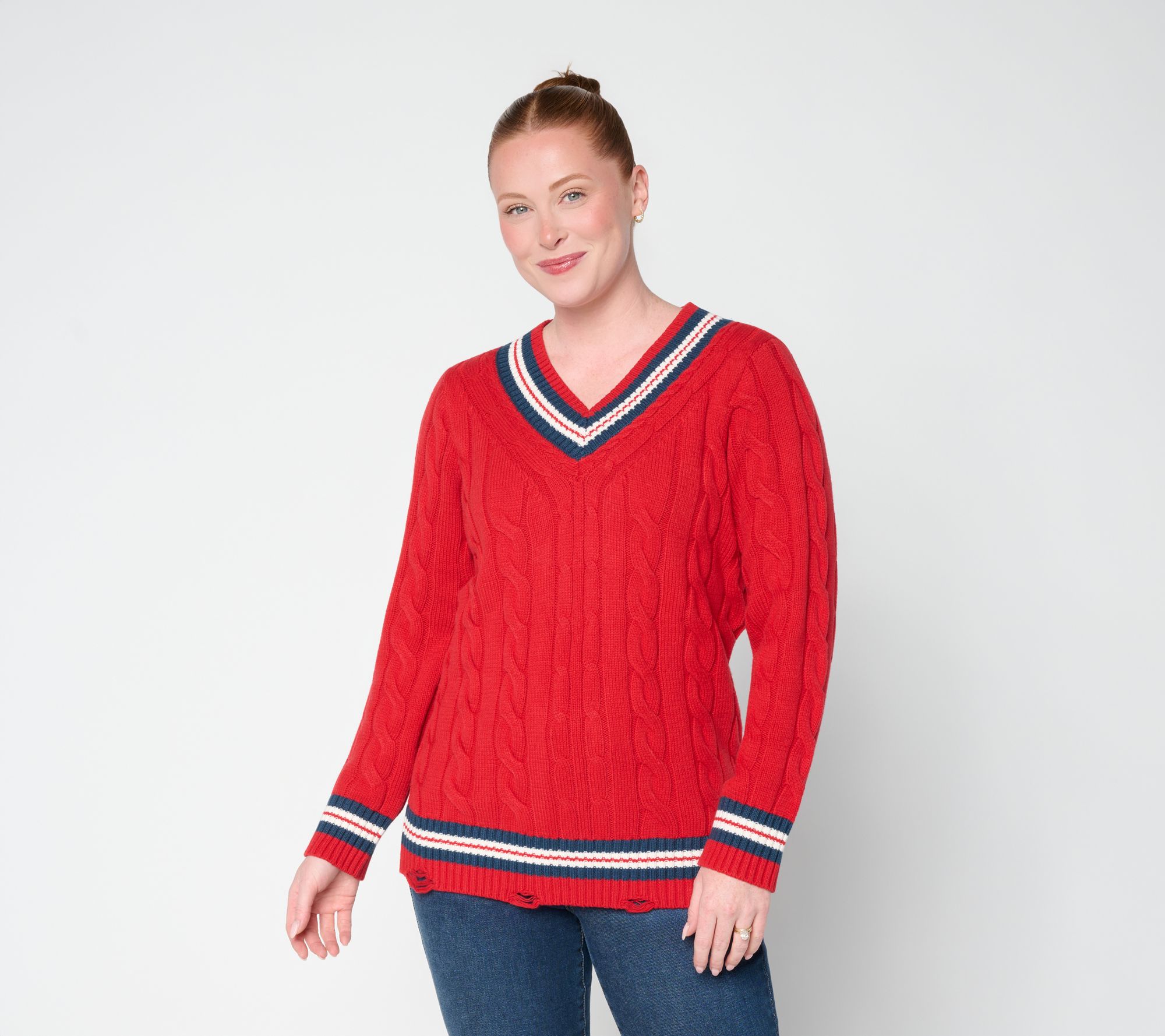  Peace Love World Long Sleeve V-Neck Varsity Sweater