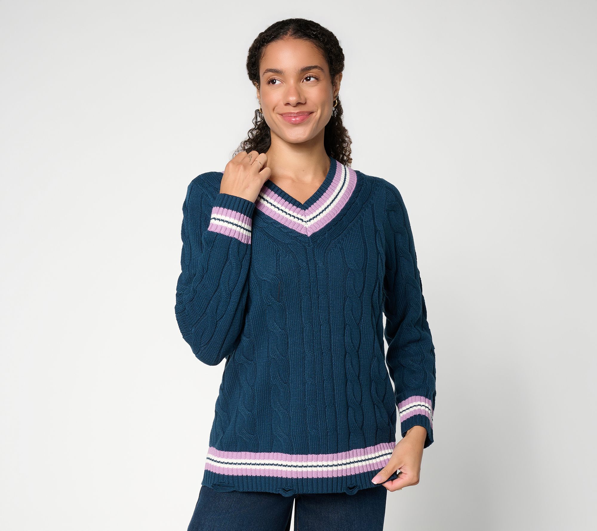 Peace Love World Long Sleeve V-Neck Varsity Sweater