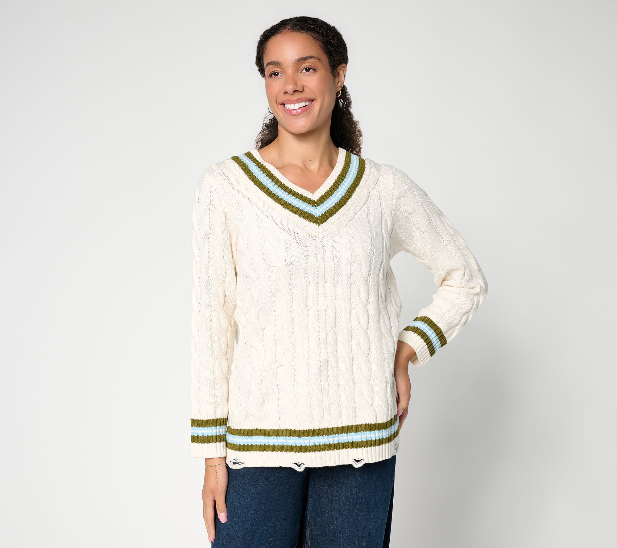 Peace Love World Long Sleeve V-Neck Varsity Sweater