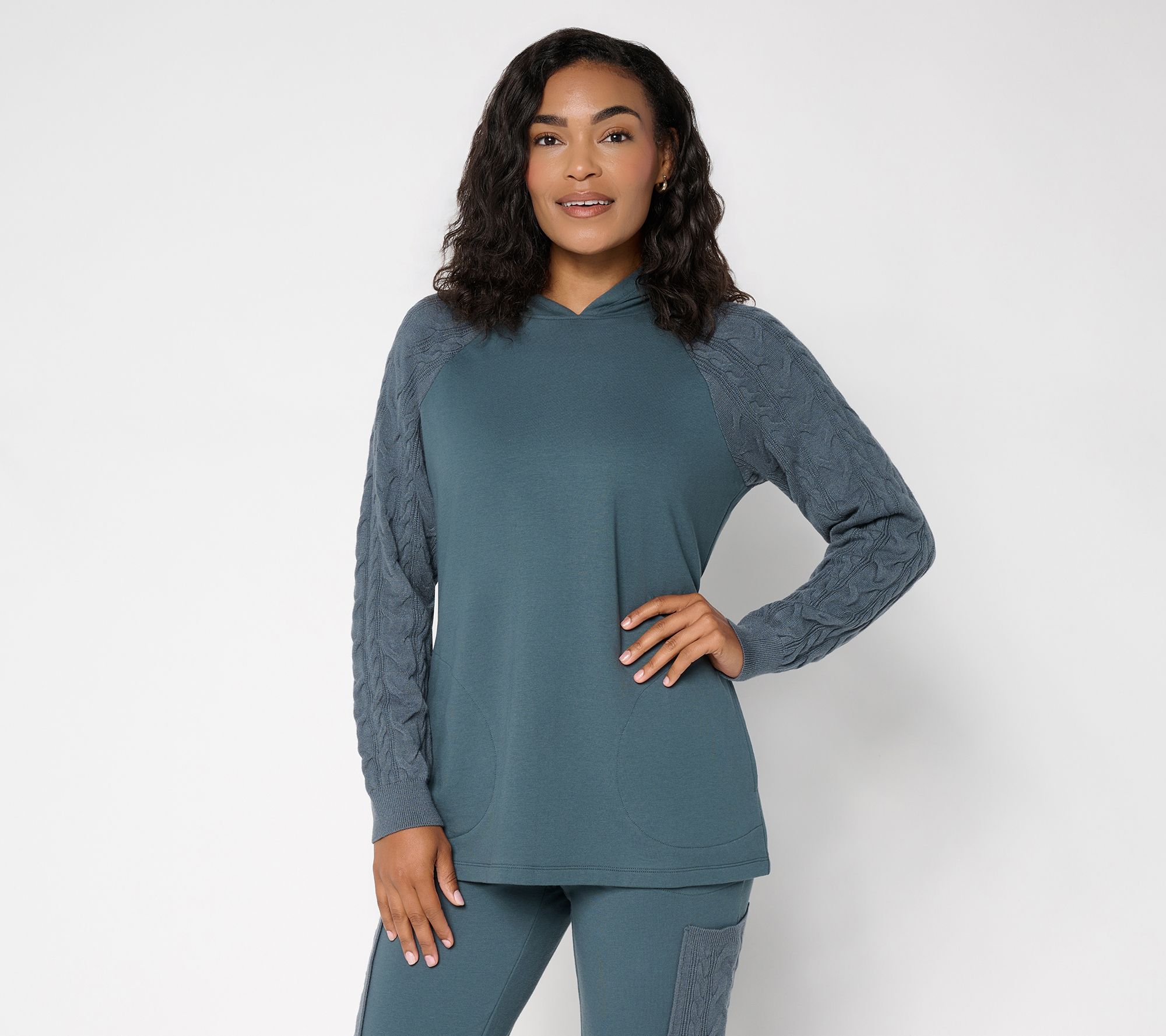 Denim & Co. Active Petite French Terry Hooded Tunic