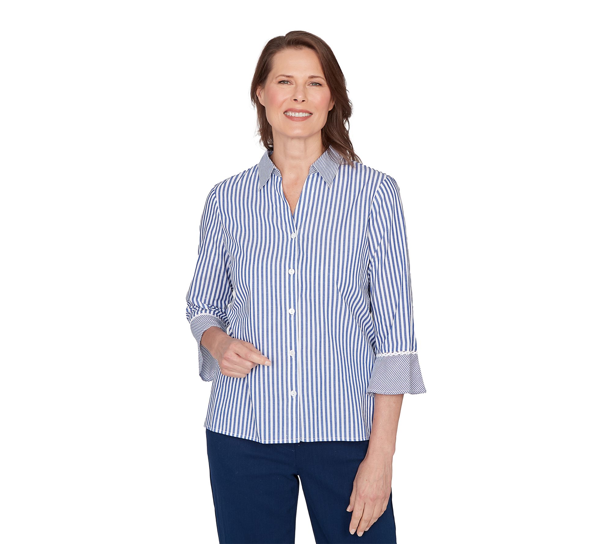 Alfred Dunner Petite Mixed Stripe Button FrontLace Trim Top