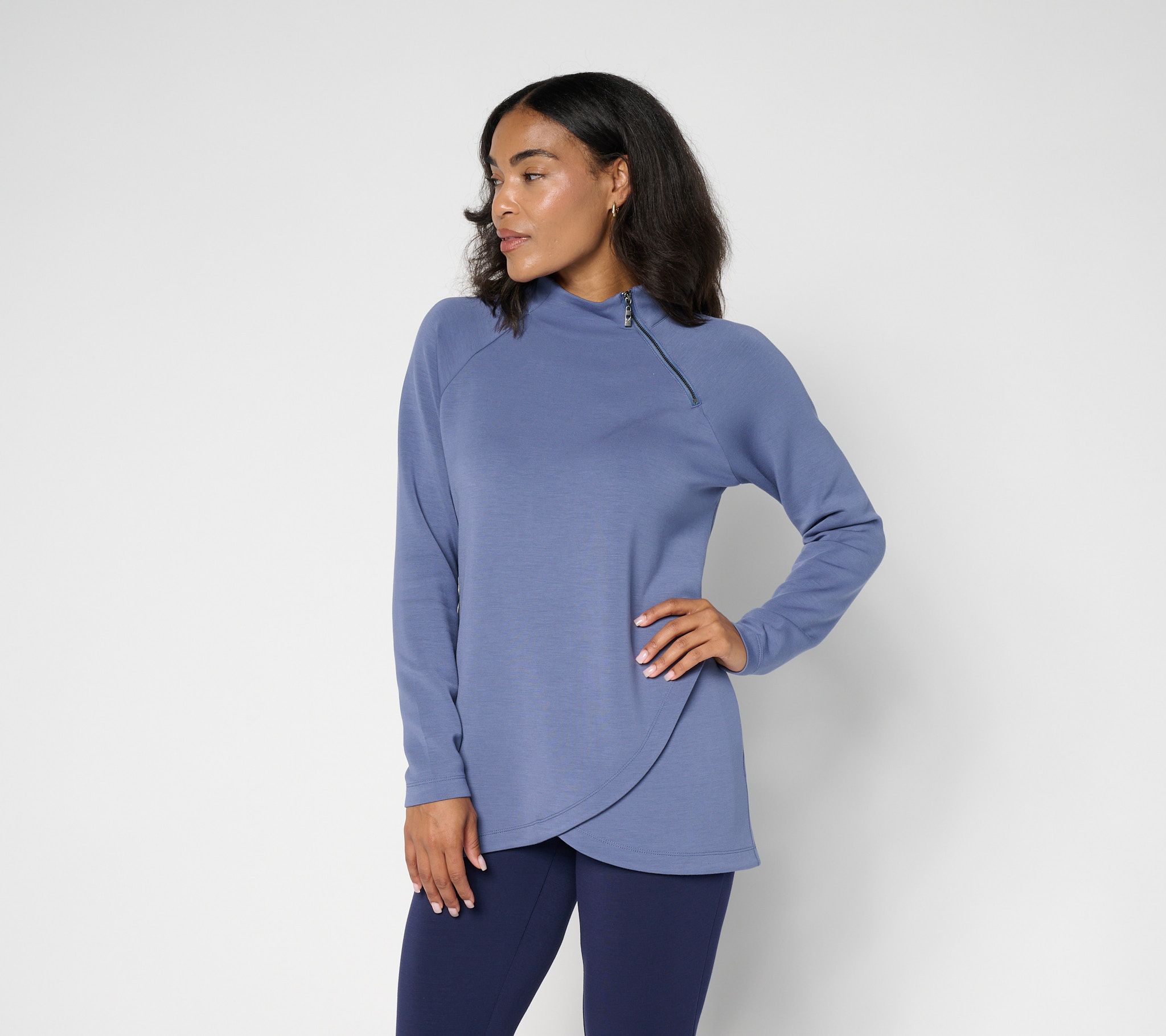  Belle by Kim Gravel ScubaLuxe Diagonal Zip Mock Neck Top