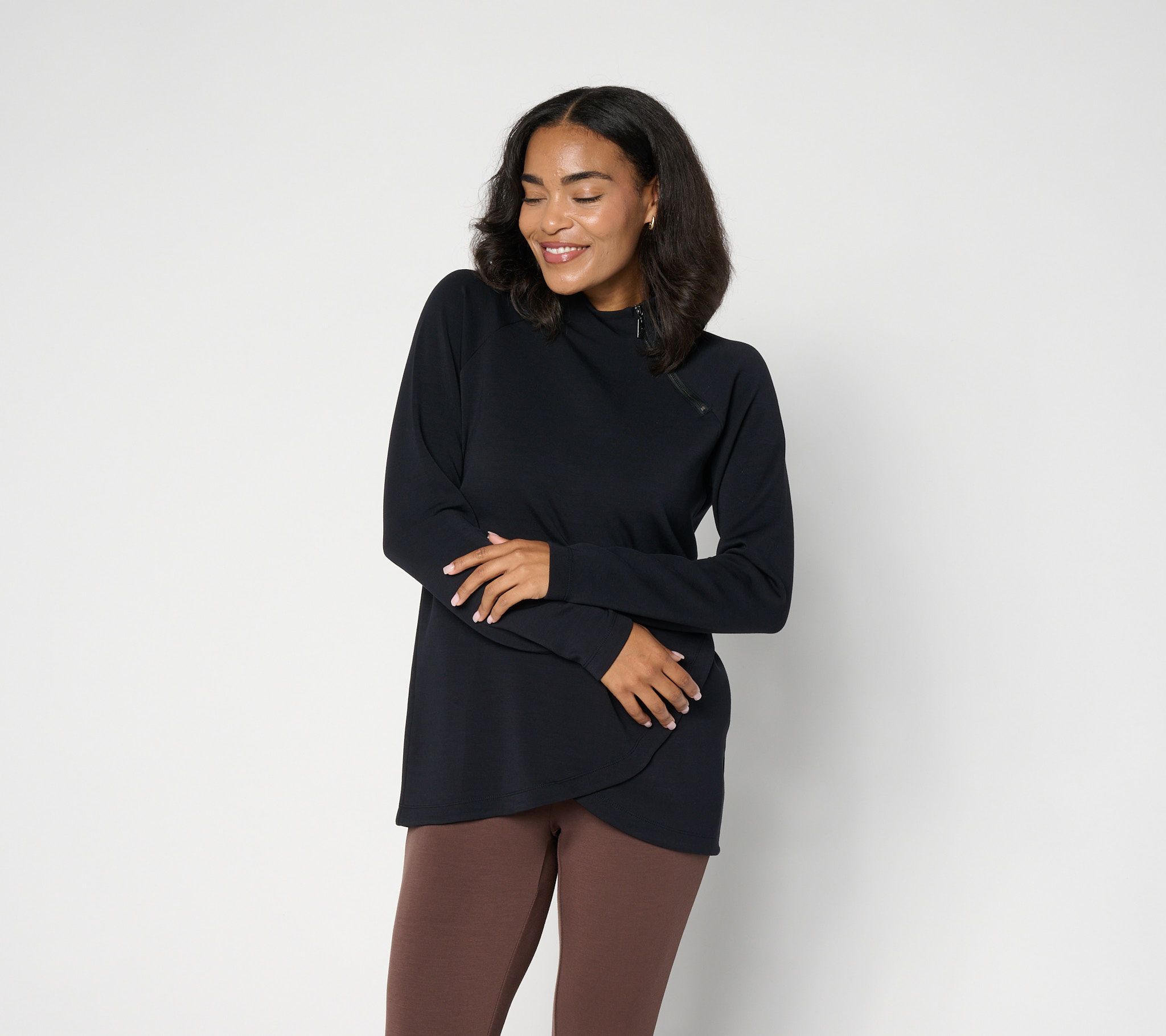 Belle by Kim Gravel ScubaLuxe Diagonal Zip Mock Neck Top