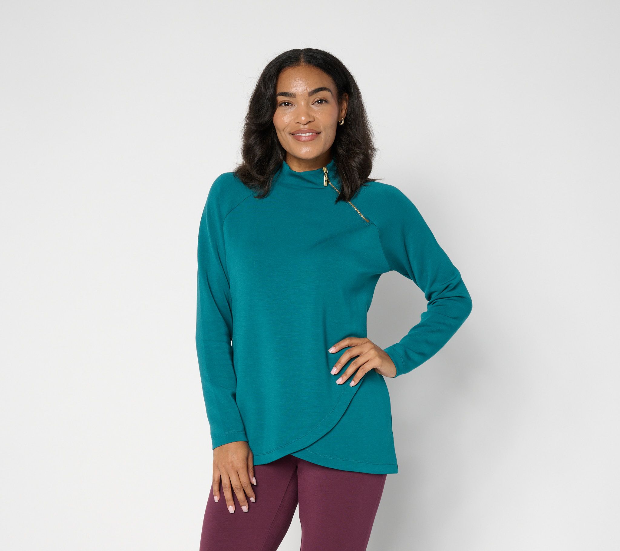 Belle by Kim Gravel ScubaLuxe Diagonal Zip Mock Neck Top