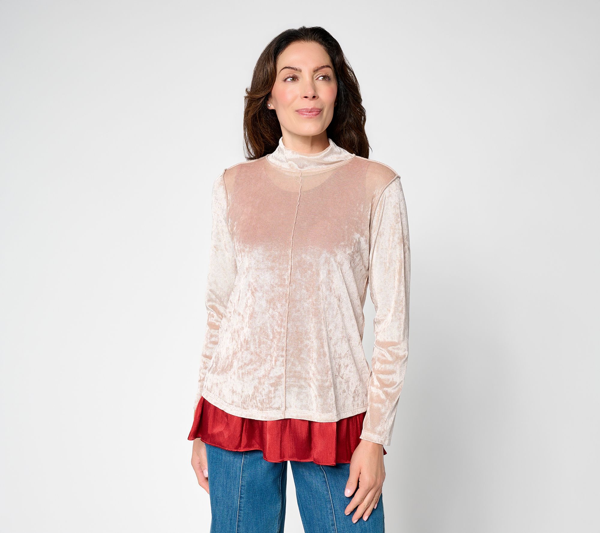 LOGO Layers by Lori Goldstein Regular Flocked Mesh Mock Neck Top