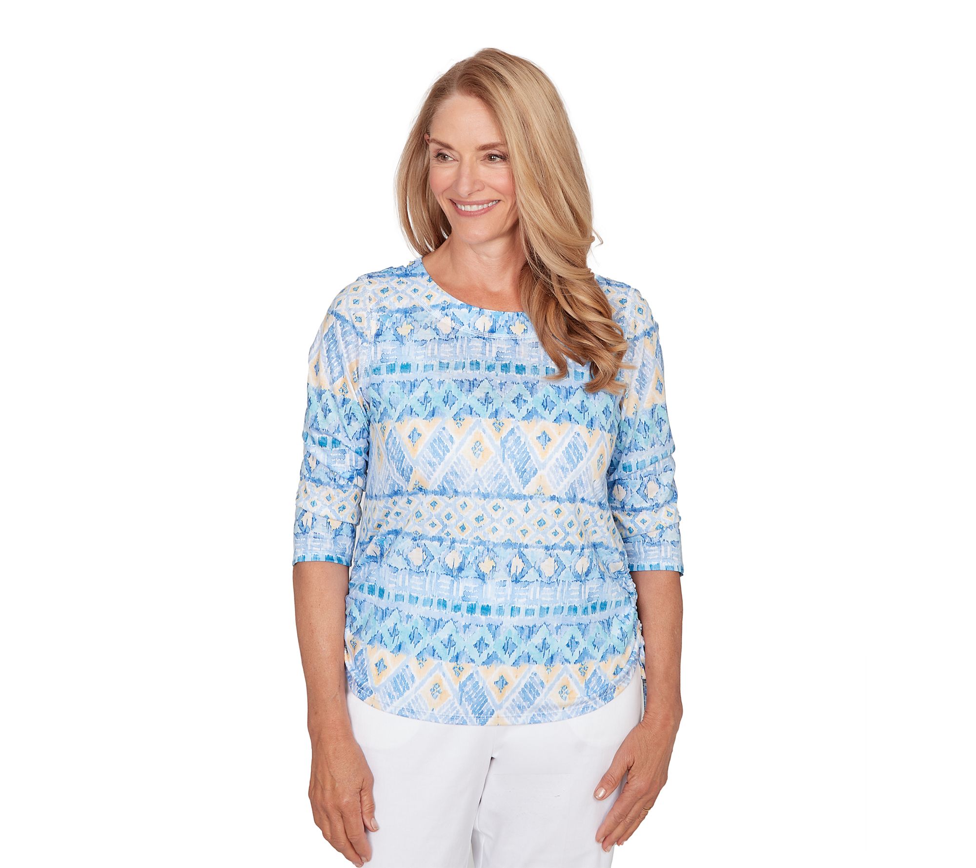 Alfred Dunner Women's Ikat Biadere Tie Ruched Top