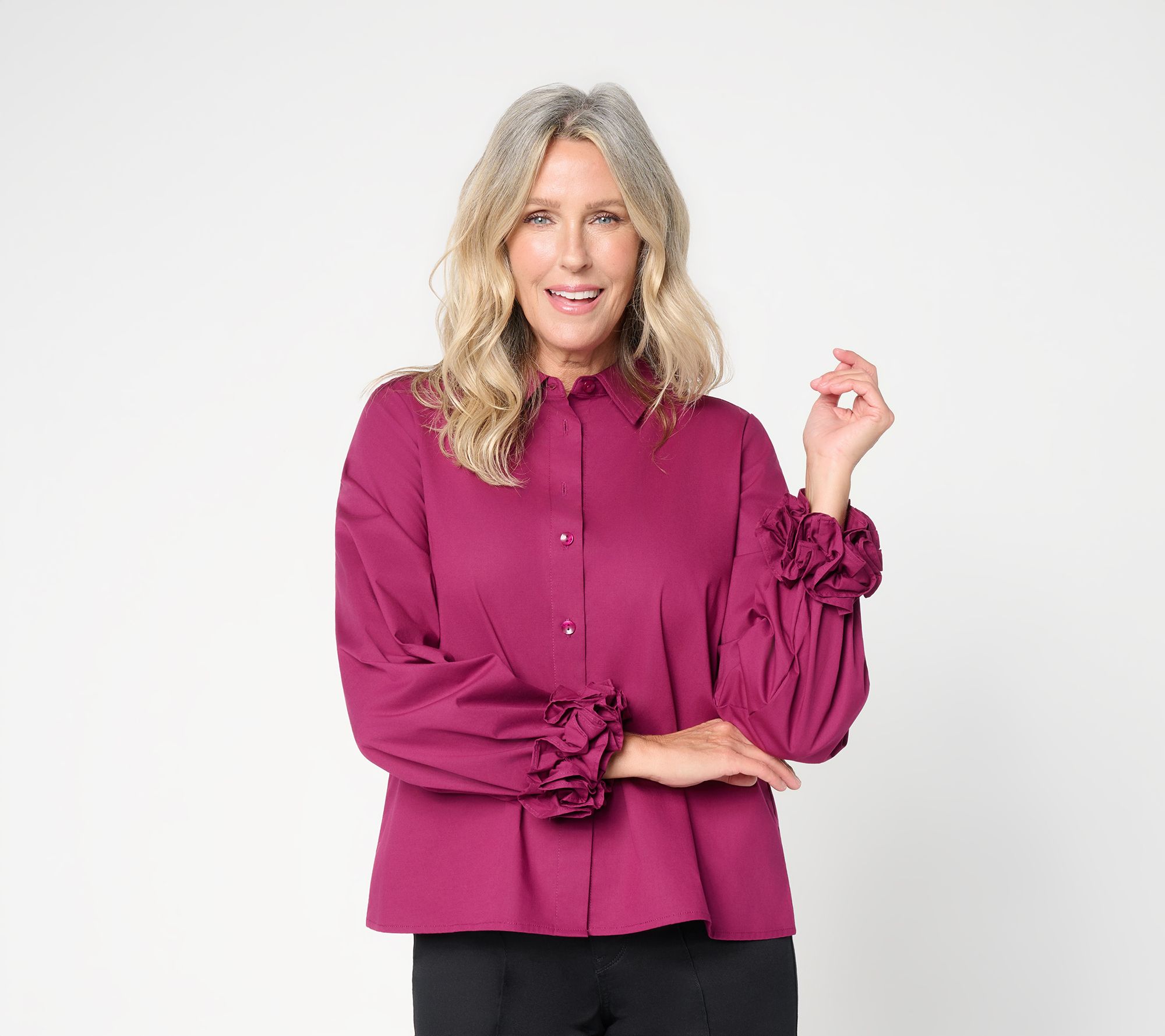  Women with Control Poplin Ruffle Cuff Button Front Shirt