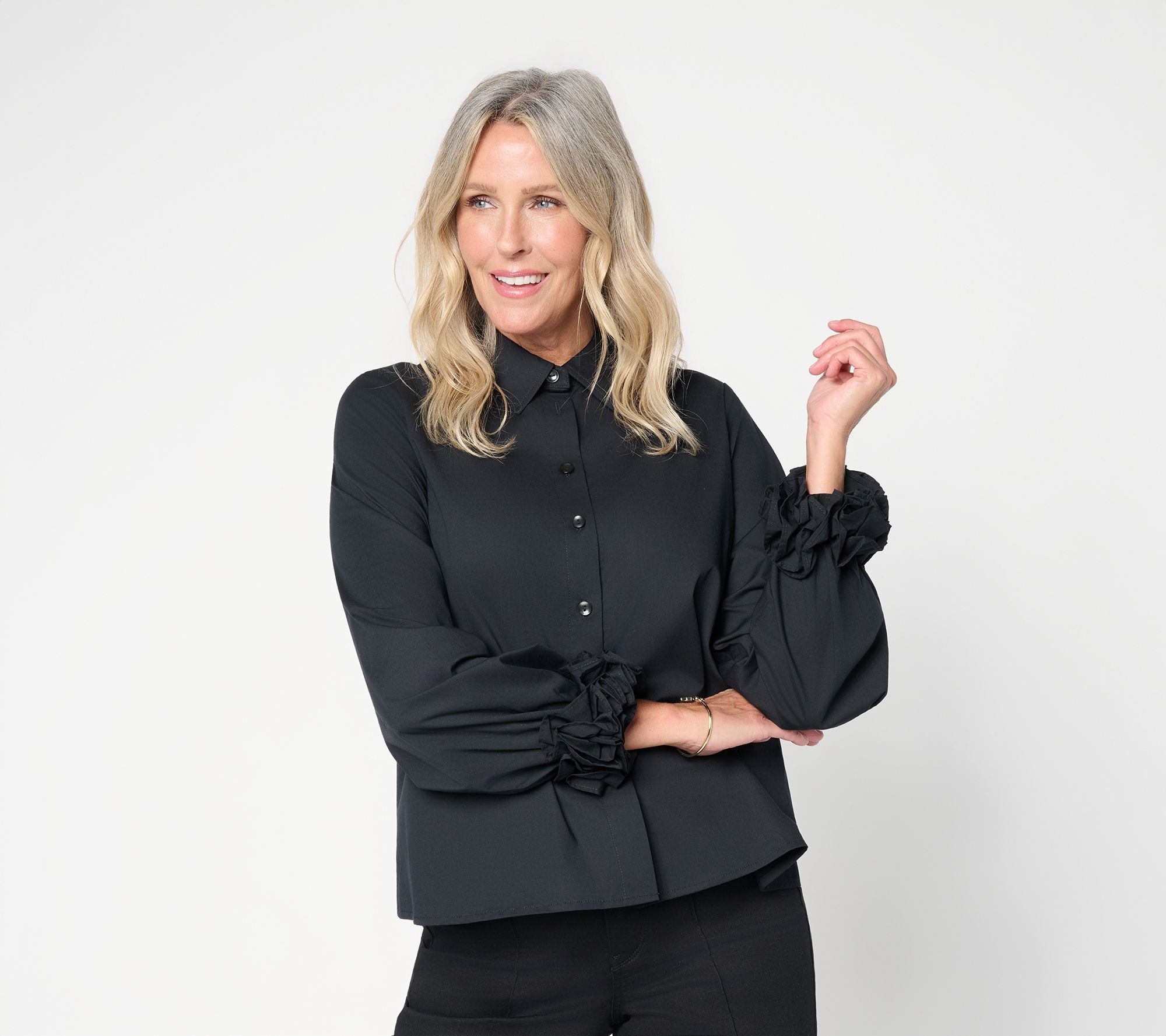 Women with Control Poplin Ruffle Cuff Button Front Shirt