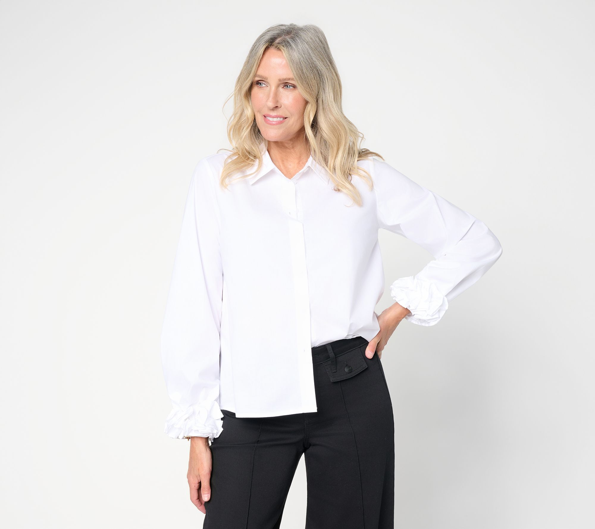 Women with Control Poplin Ruffle Cuff Button Front Shirt
