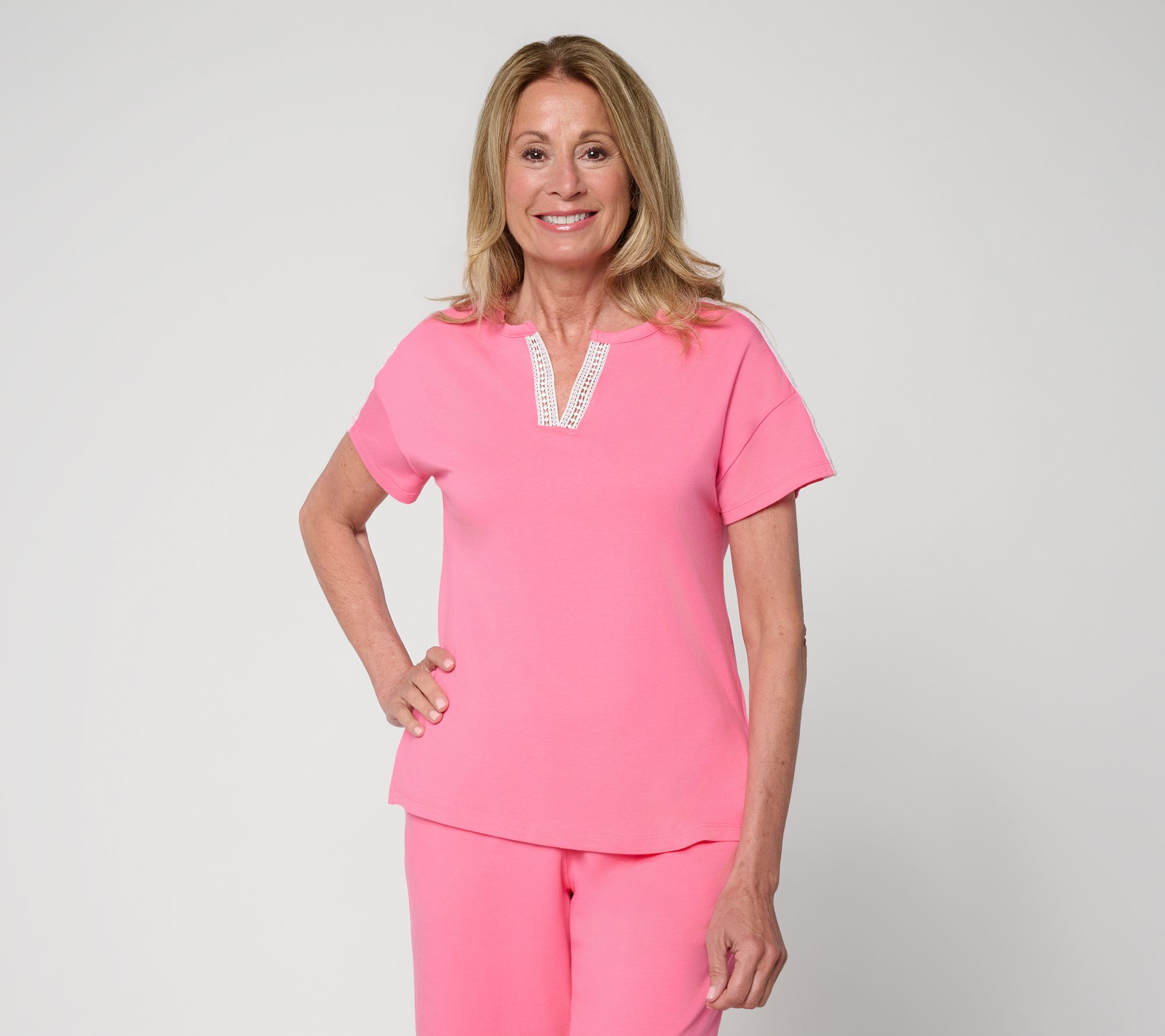 "As Is" Cuddl Duds Cottonwear+ Lace Trim Split Neck Tee