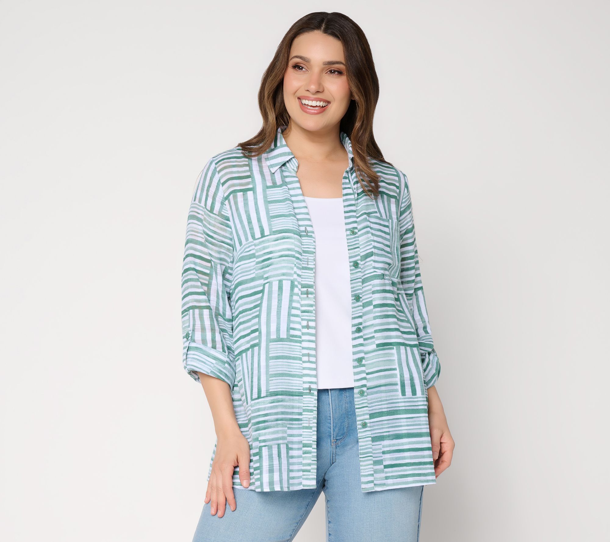 "As Is" Joan Rivers Petite Button Front Boyfriend Fit Striped Tunic