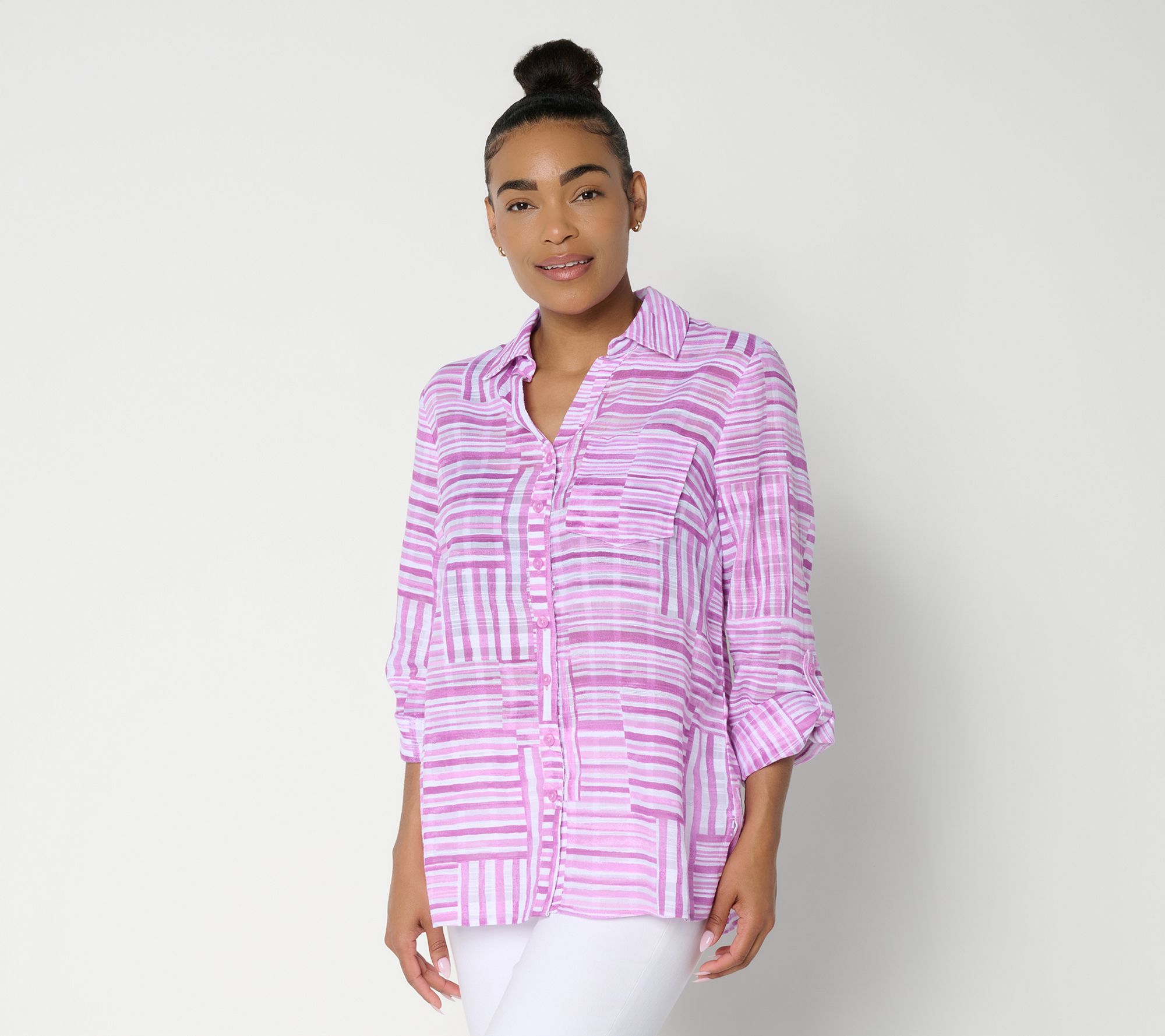 "As Is" Joan Rivers Petite Button Front Boyfriend Fit Striped Tunic