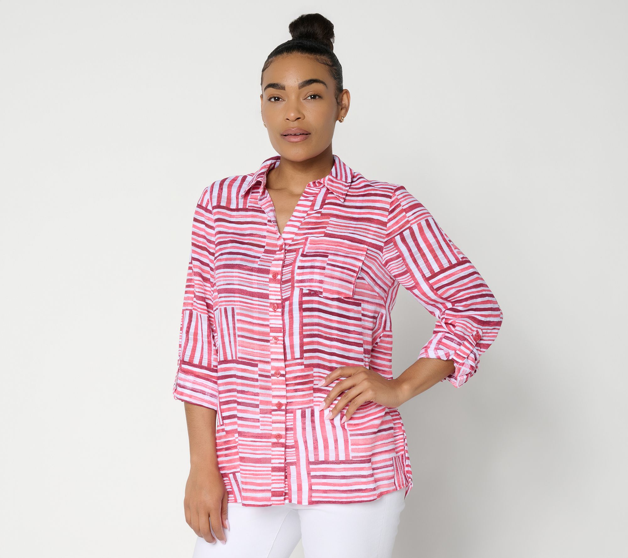 "As Is" Joan Rivers Petite Button Front Boyfriend Fit Striped Tunic