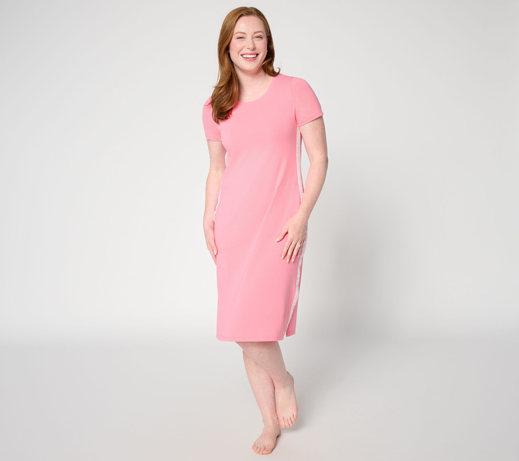 "As Is" Cuddl Duds Cottonwear + Lace Trim Midi Tee Lounge Dress