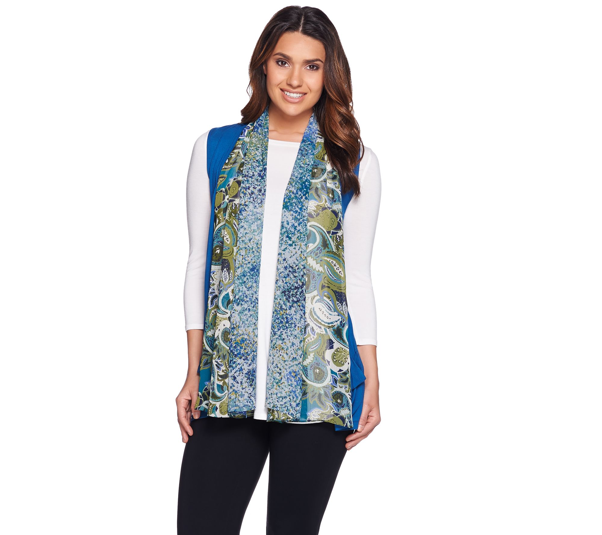 Logo By Lori Goldstein Knit Vest With Printed Chiffon Trim