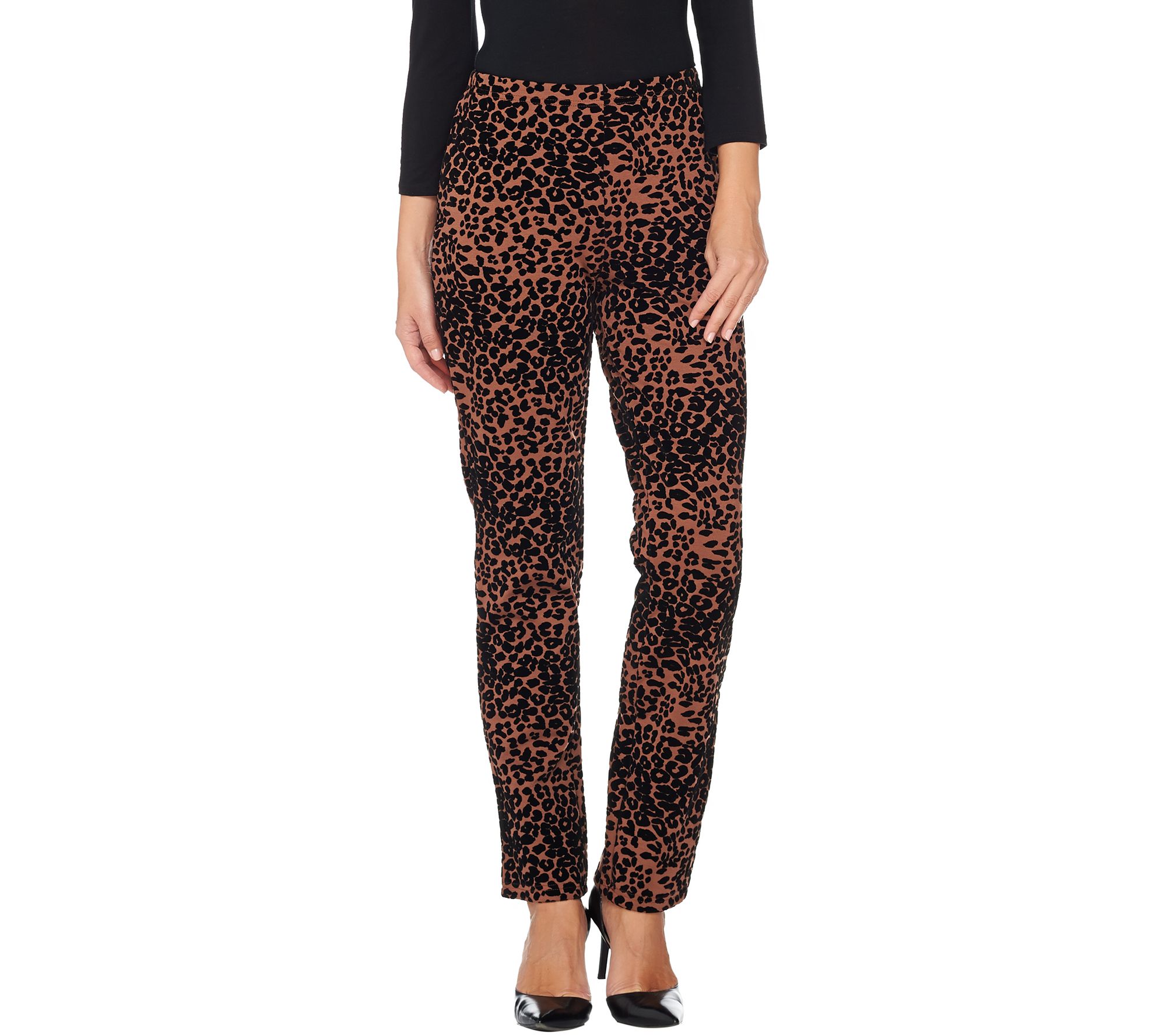 Women with Control Petite Leopard Flocked Ponte Knit Slim Leg Pants ...