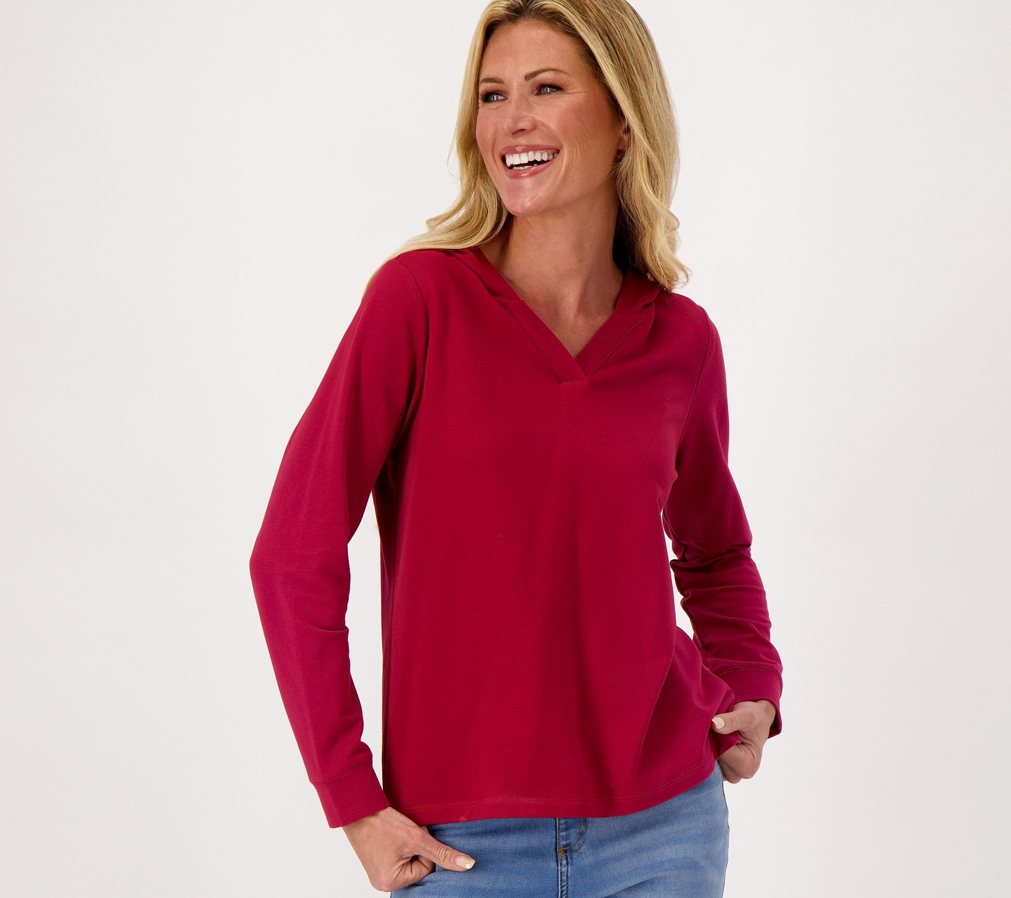 Denim & Co. Canyon Retreat French Terry Split V-Neck Hooded Pullover - QVC.com