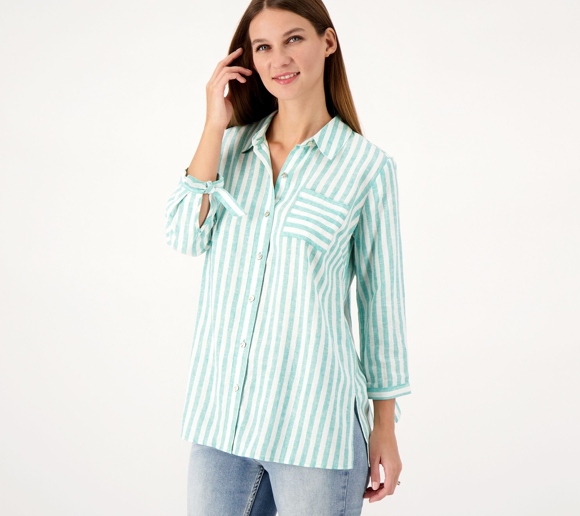 Susan Graver PURE Yarn-Dyed Regular Linen Blend Button Front Shirt ...