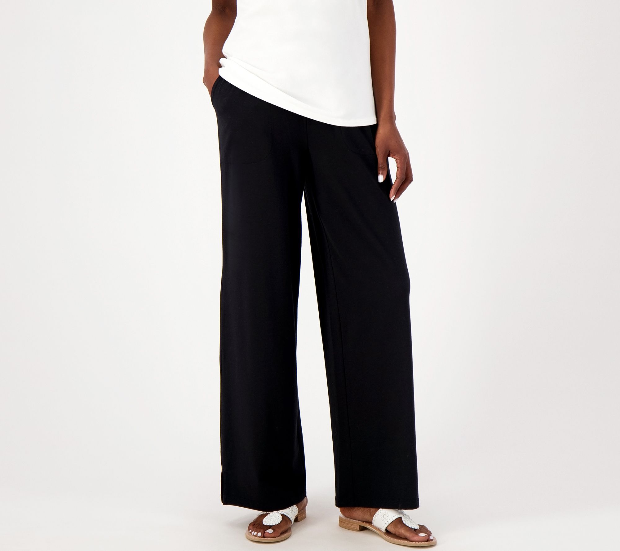Denim & Co. Beach Jersey Petite Wide Leg Full Length Pant