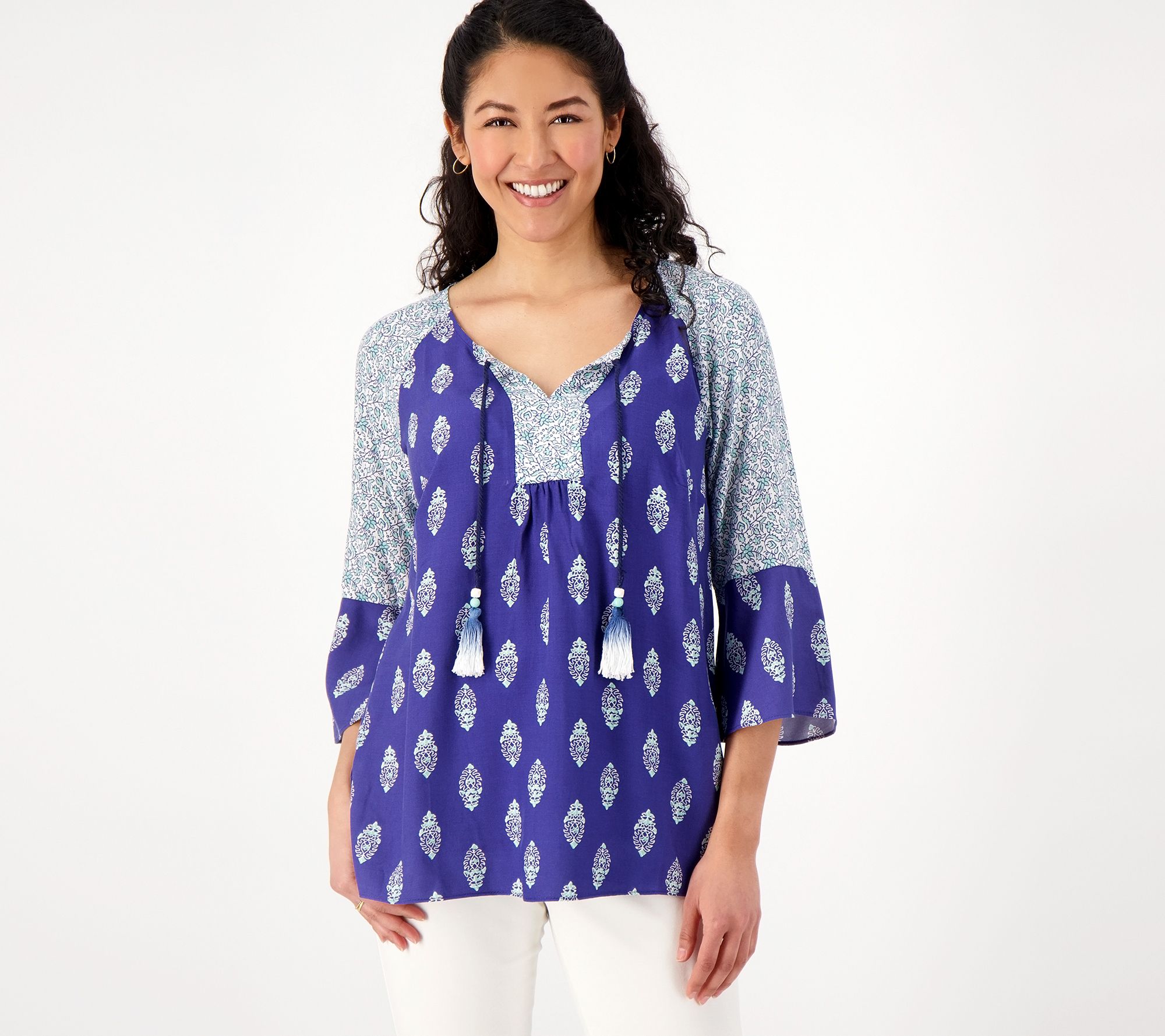 Susan Graver Regular PURE Printed Woven Raglan Sleeve Tunic with Ties