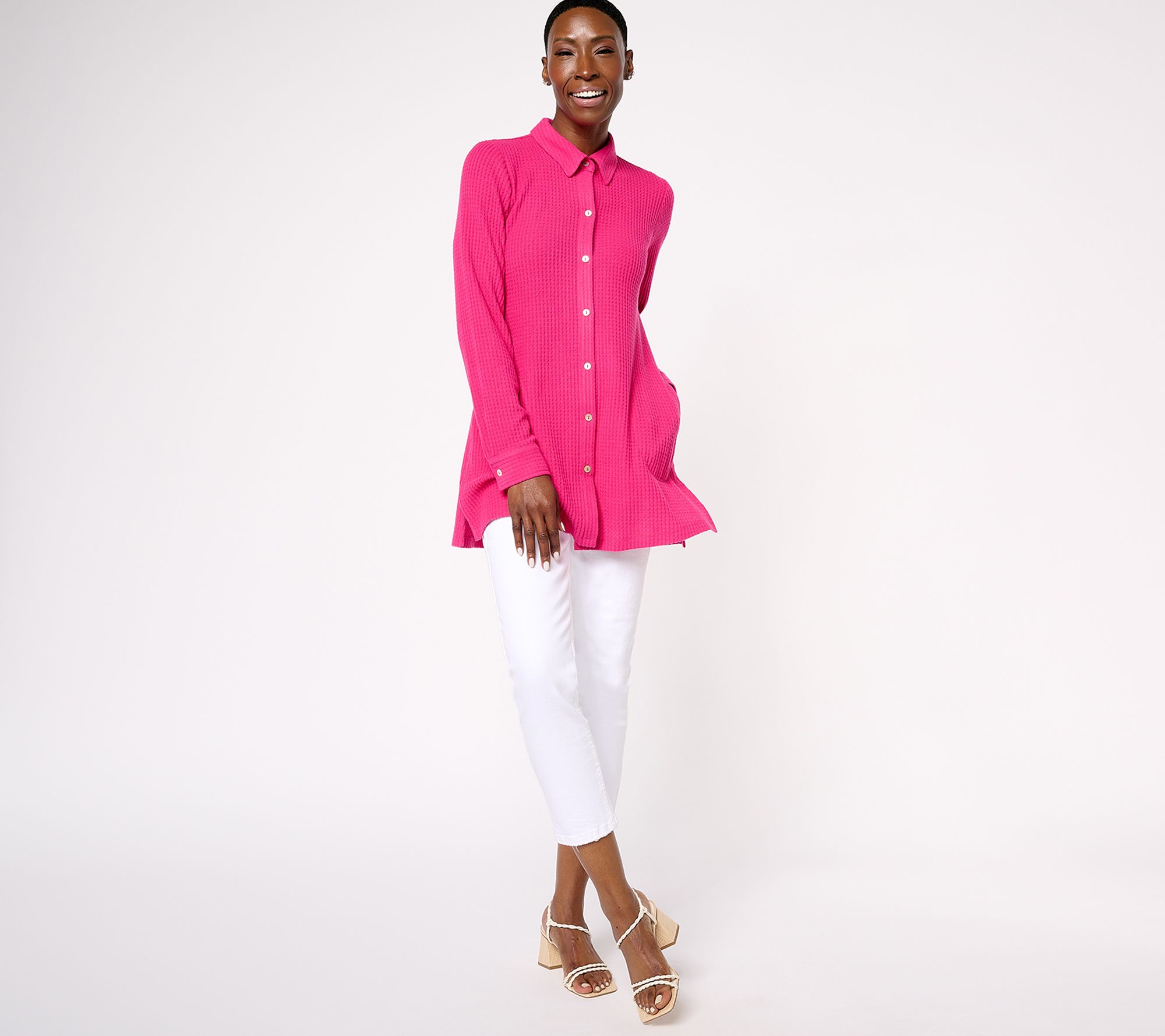 Susan Graver Reg Weekend Brushed Waffle Knit Button Up Shirt