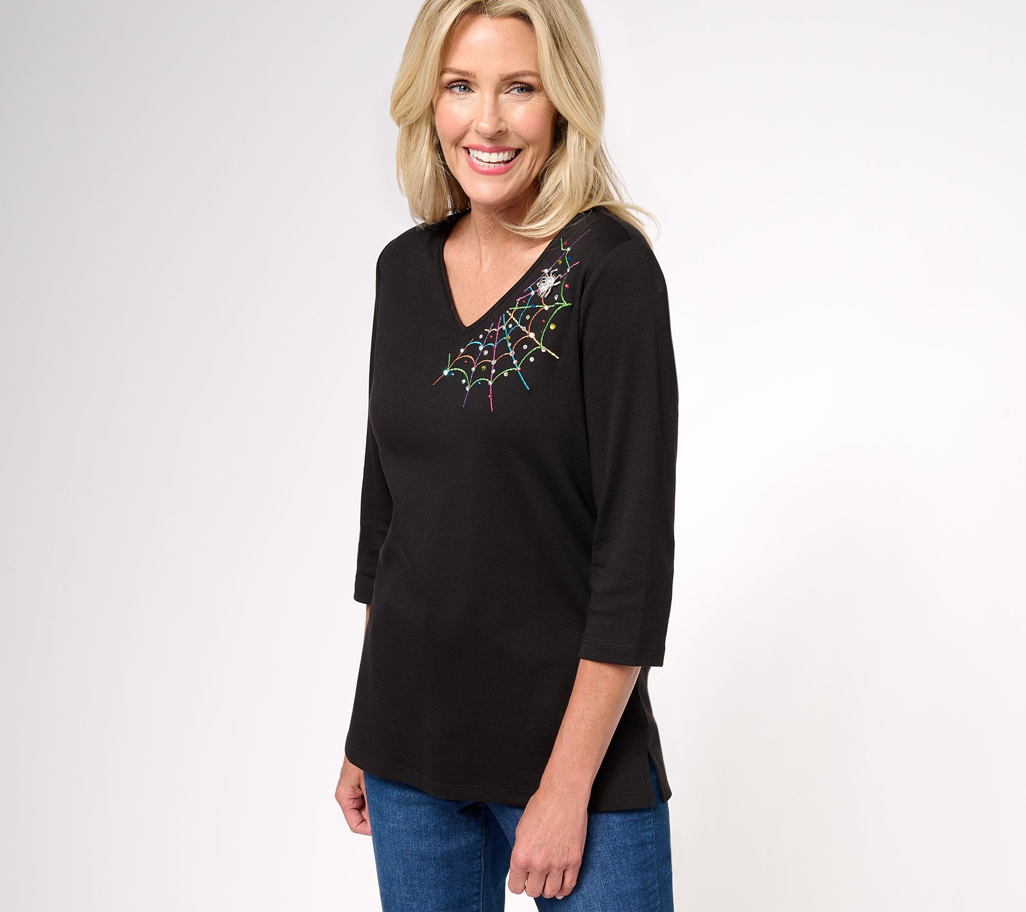 Quacker Factory The Web Embroidered V-Neck 3/4 Sleeve Top