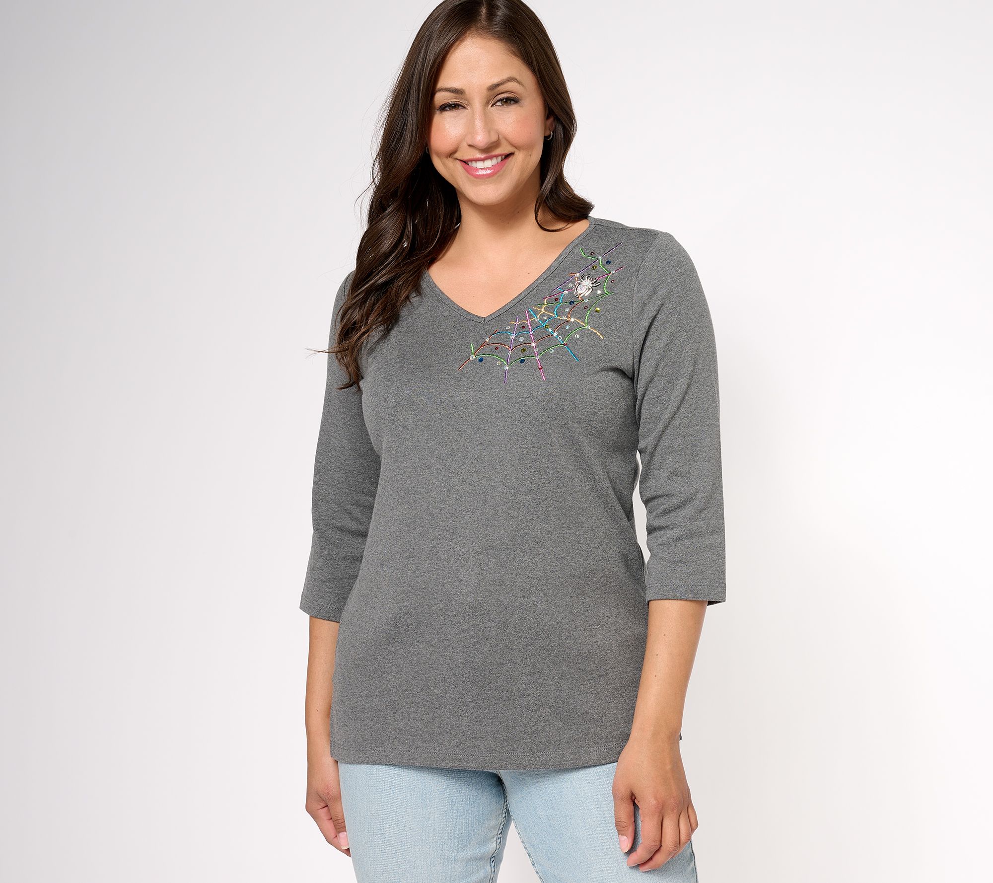 Quacker Factory The Web Embroidered V-Neck 3/4 Sleeve Top