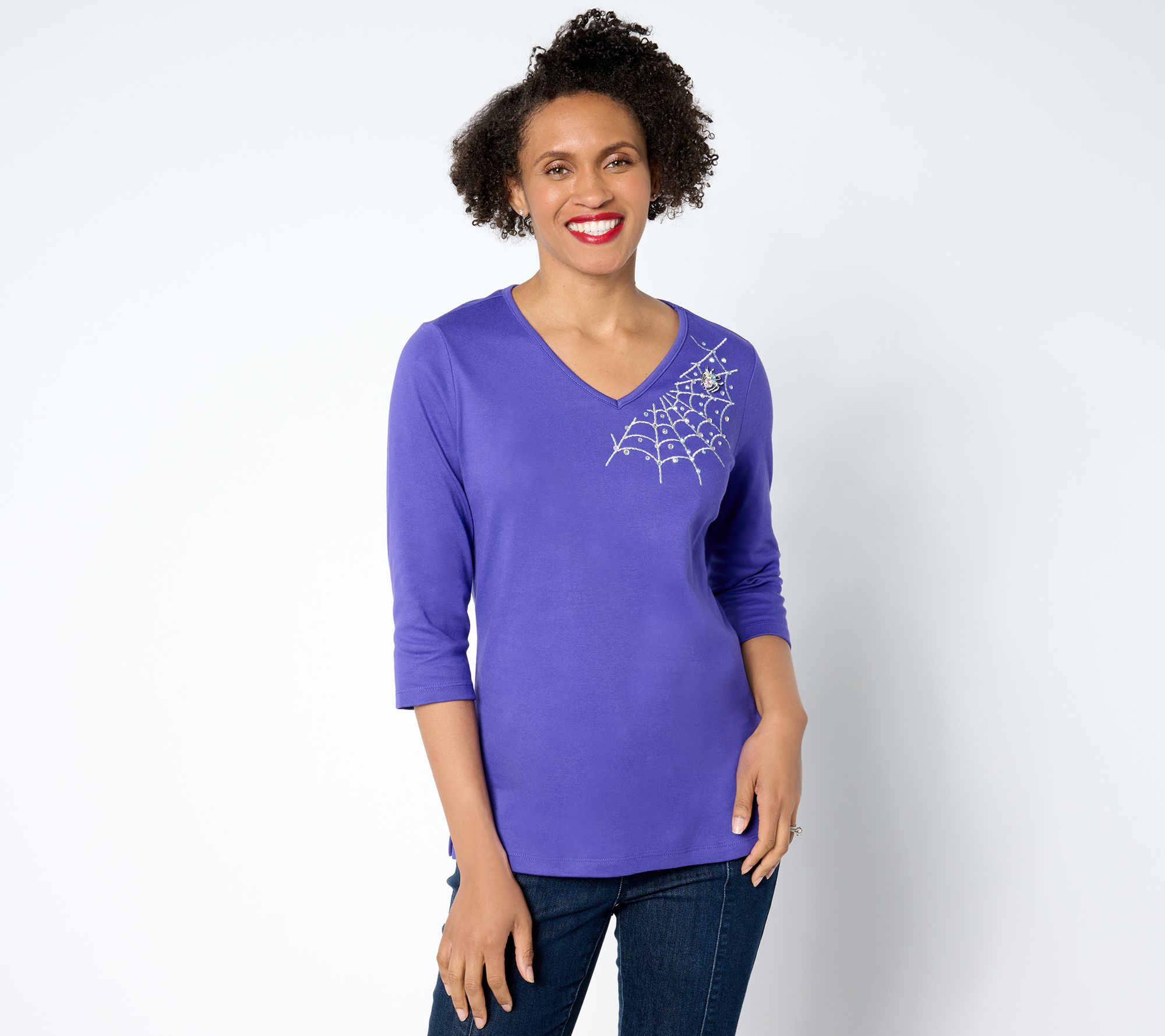 Quacker Factory The Web Embroidered V-Neck 3/4 Sleeve Top
