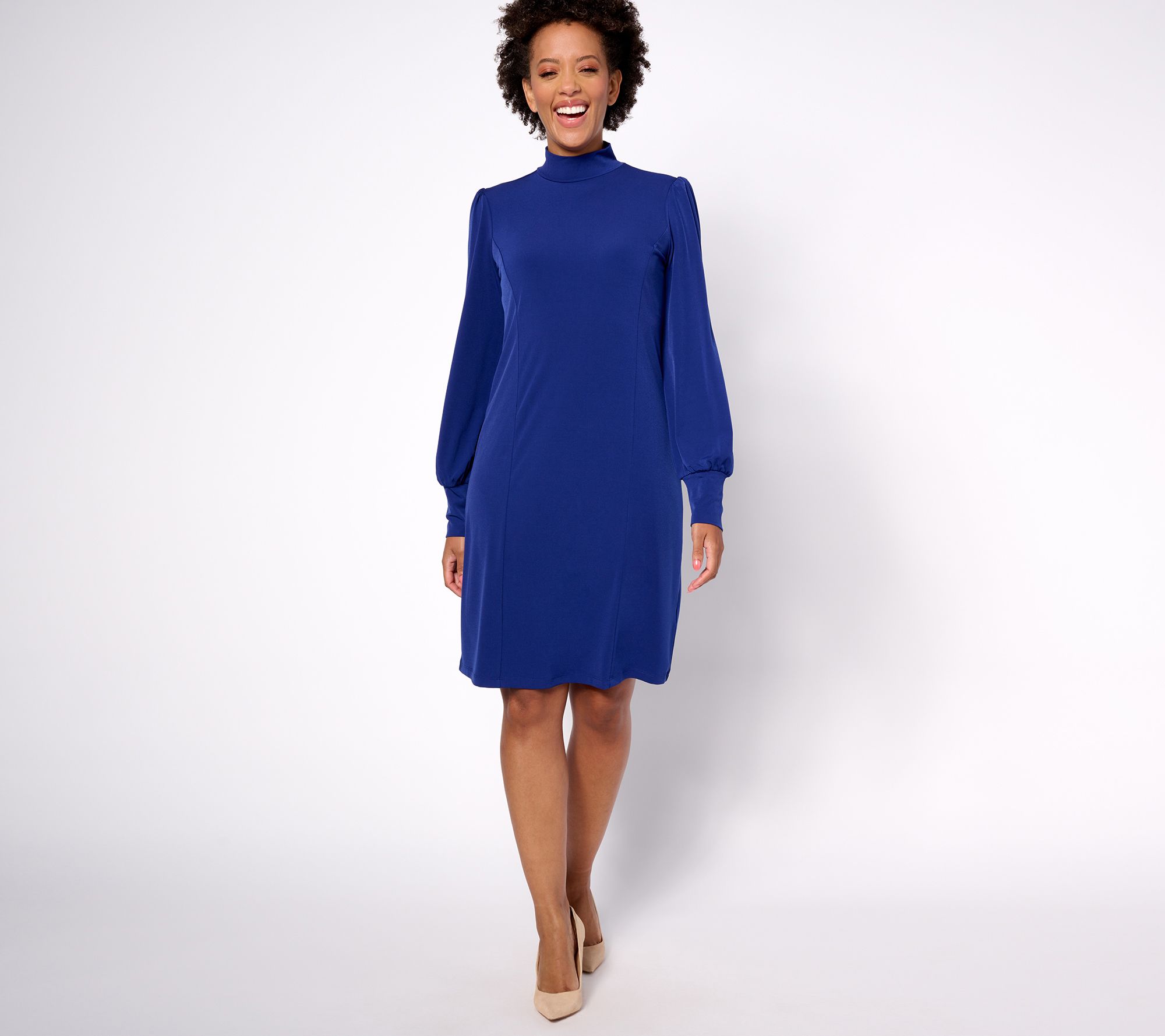 Susan Graver Regular Liquid Knit Long Blouson Sleeve Mock Neck Dress