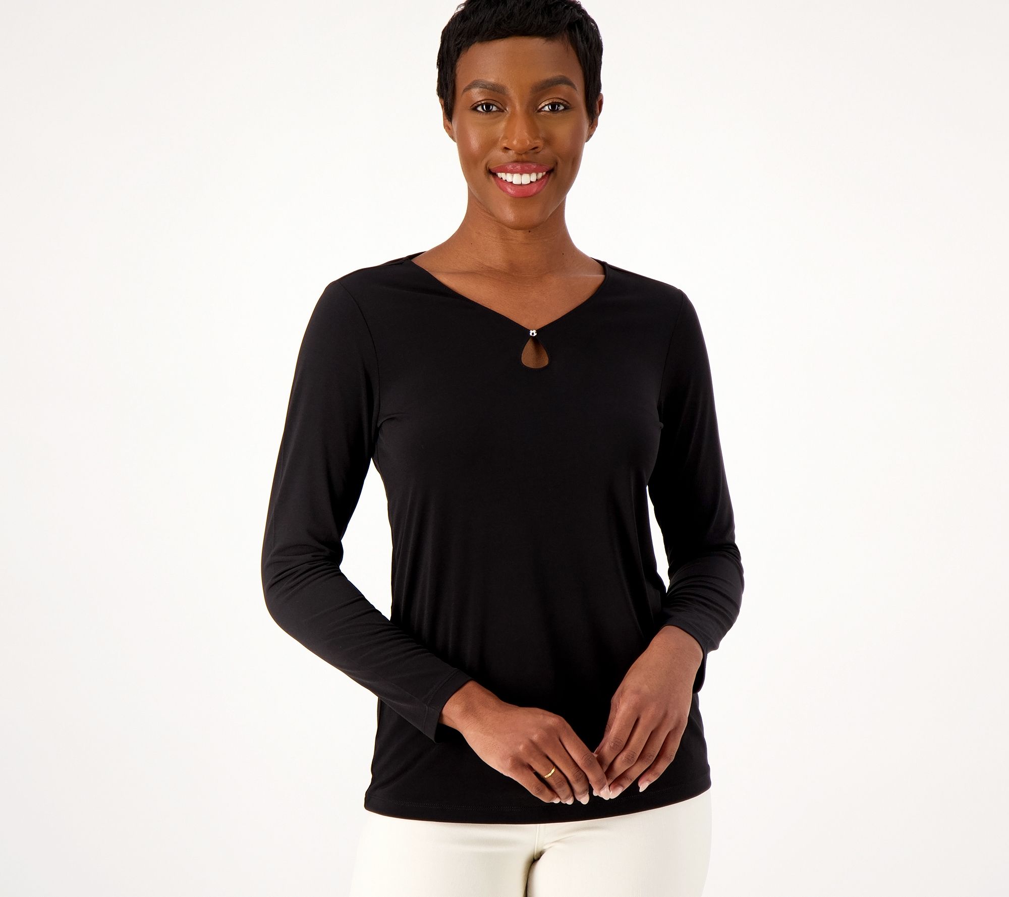 "As Is" Susan Graver Liquid Knit V-Neck Long Sleeve Top w/ Keyhole