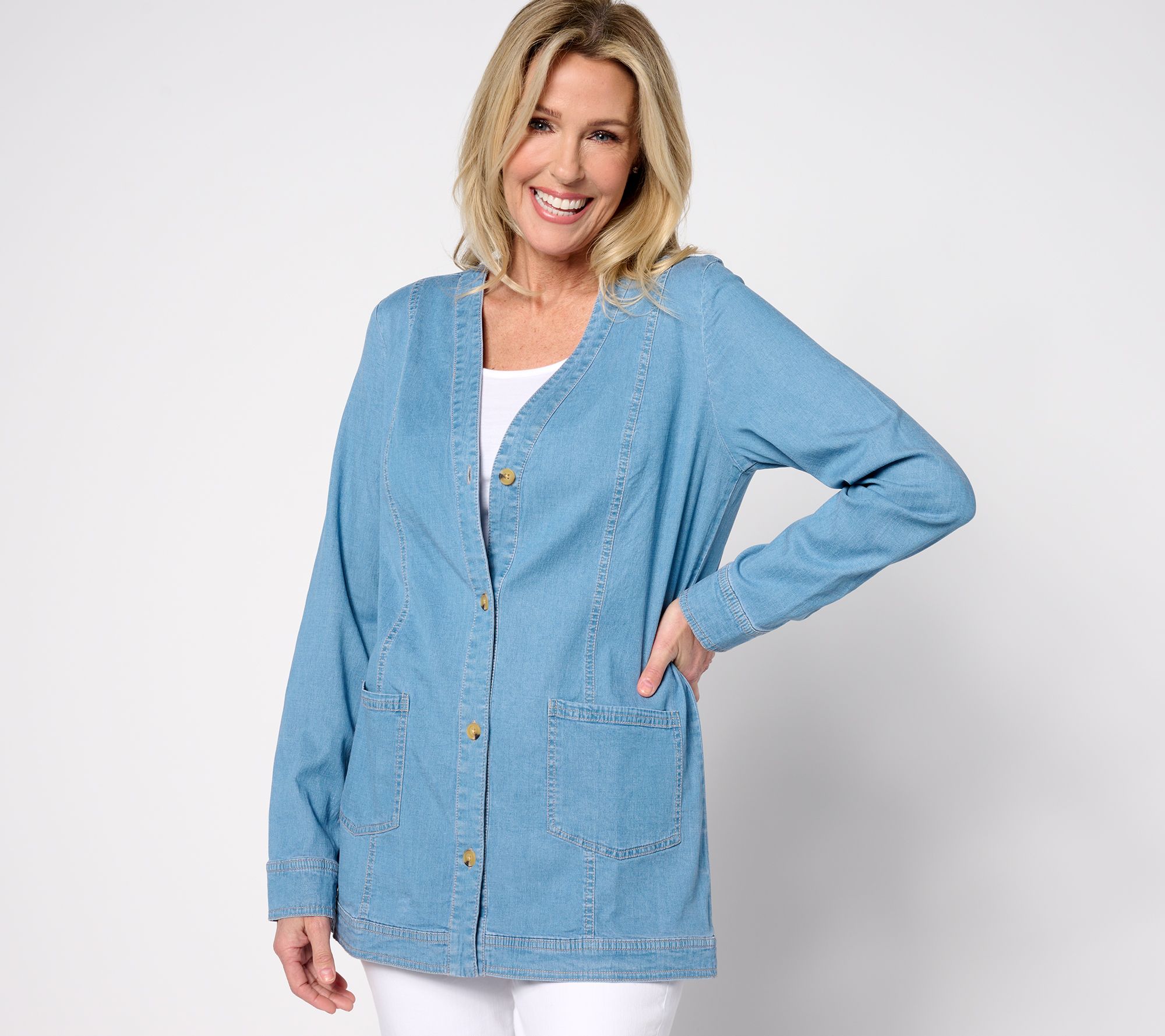 ❤primavera❤ Joan Rivers Cotton Chambray Floral Classic Button Front