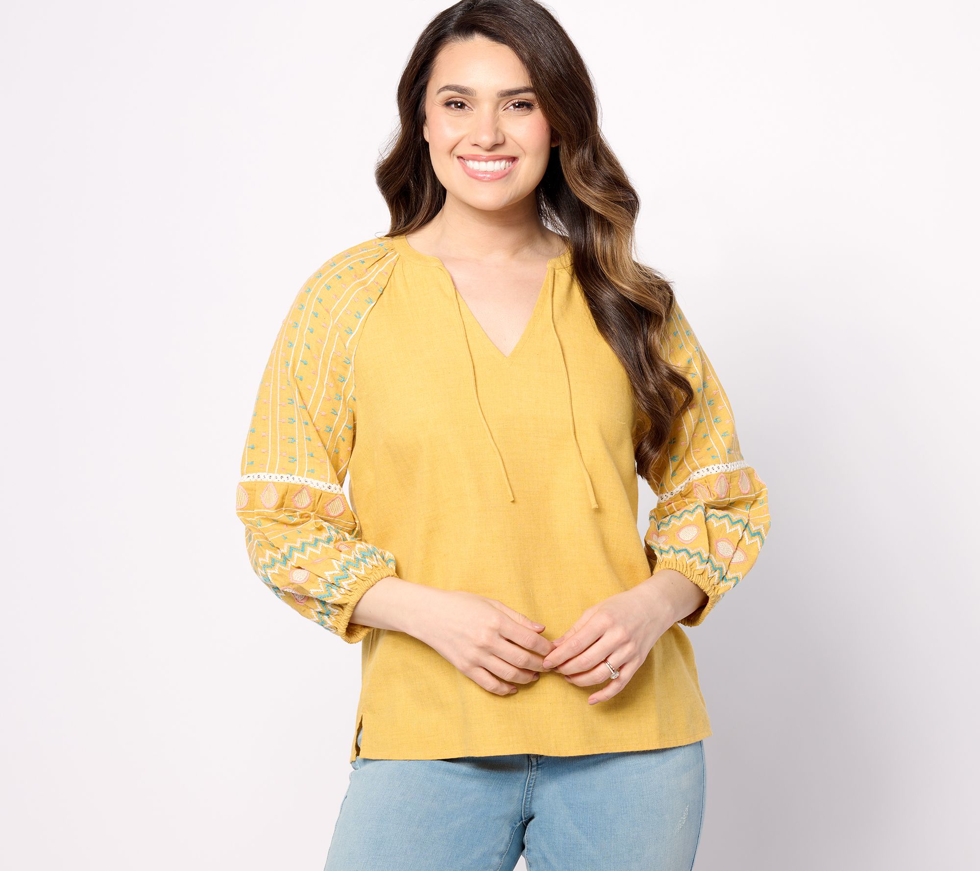 Denim & Co. Canyon Retreat Split Neck Top w/ Embroidered Sleeve