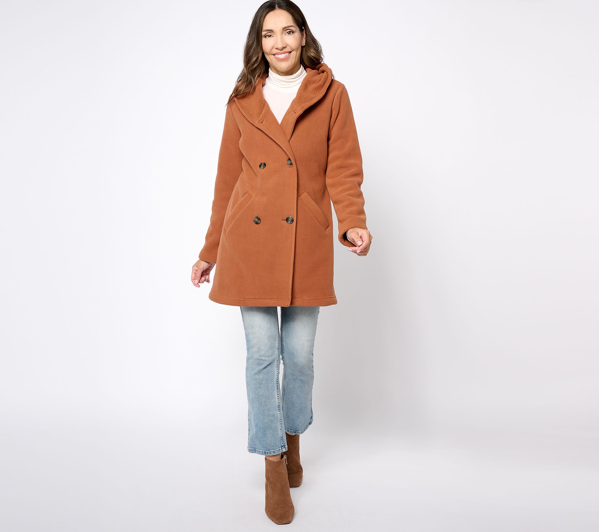Denim & Co. Fleece Bonded with Sherpa Hooded Double Breasted Coat - QVC.com