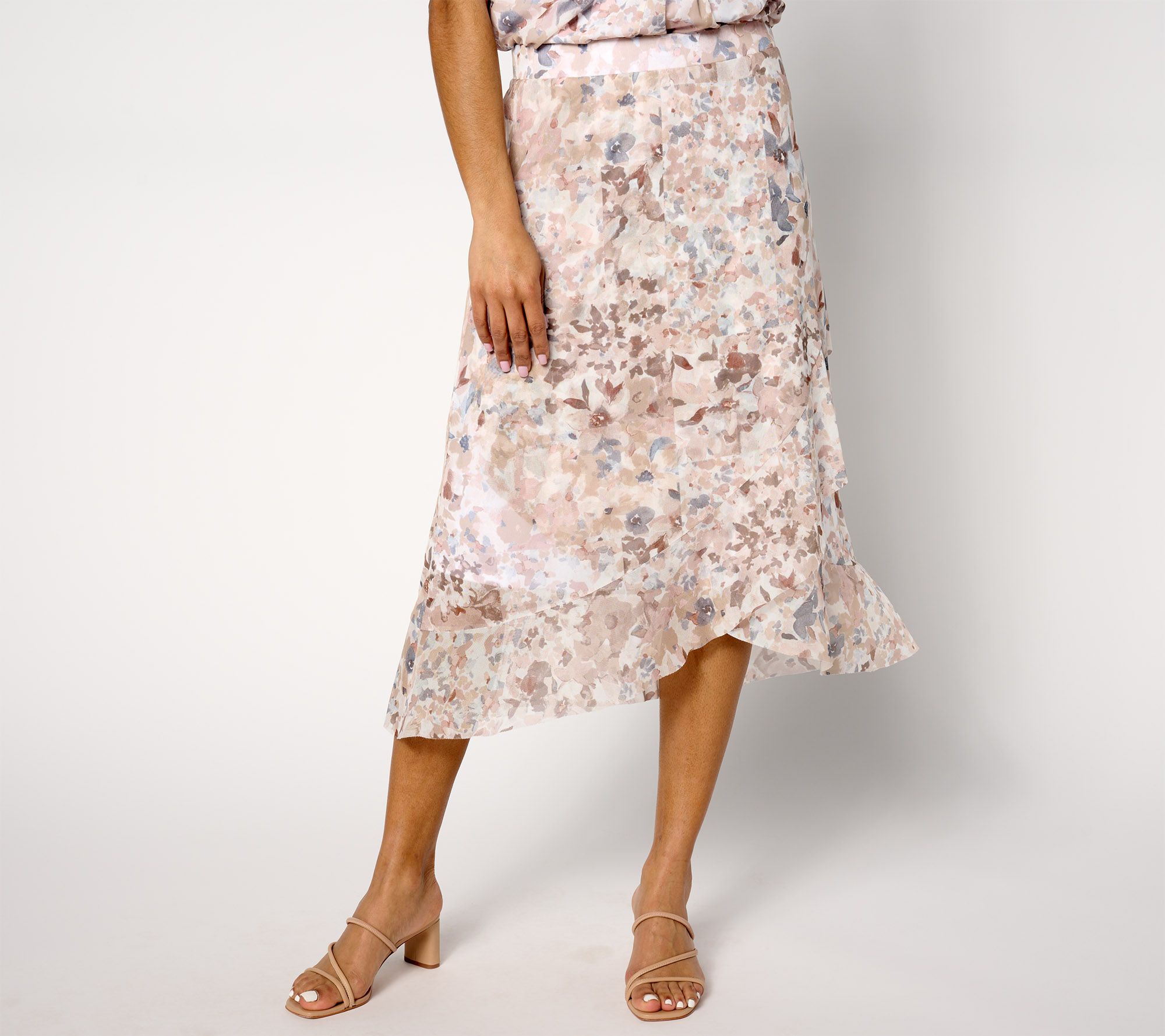 Isaac Mizrahi Live! Petite Printed Mesh Faux-Wrap Midi Skirt