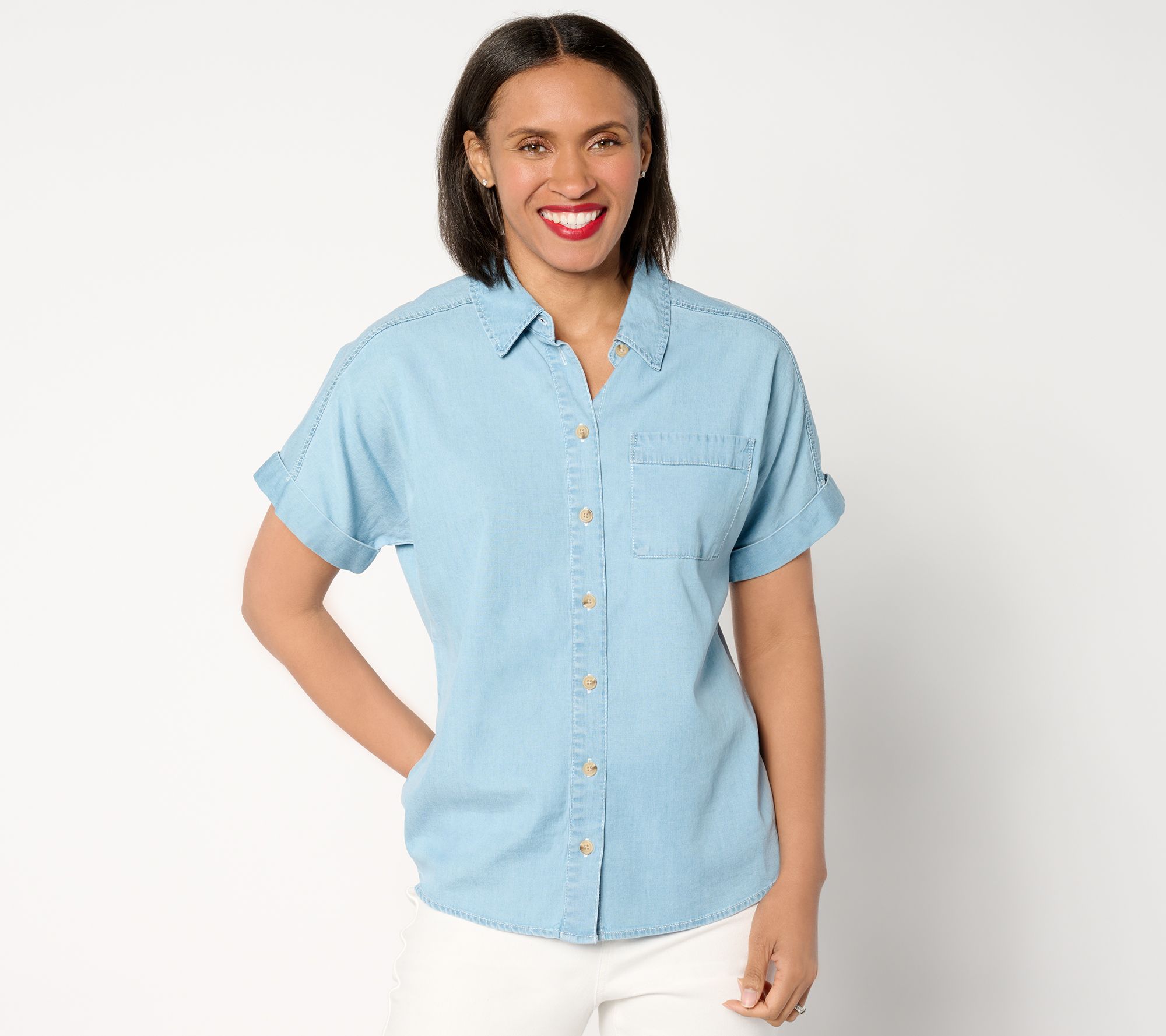 Joan Rivers Short-Sleeve Button-Front Lyocell Boyfriend Shirt