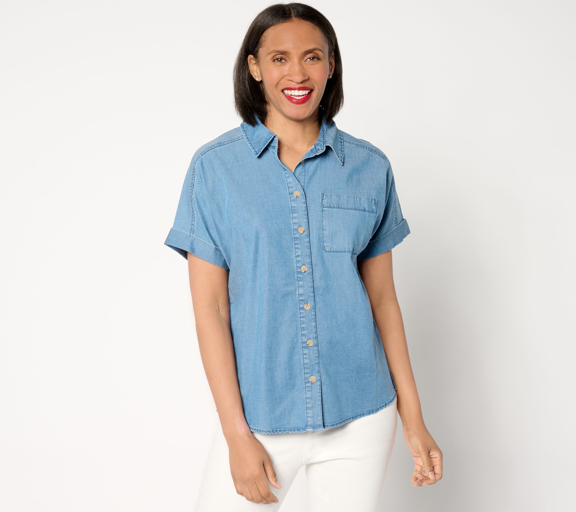 Joan Rivers Short-Sleeve Button-Front Lyocell Boyfriend Shirt