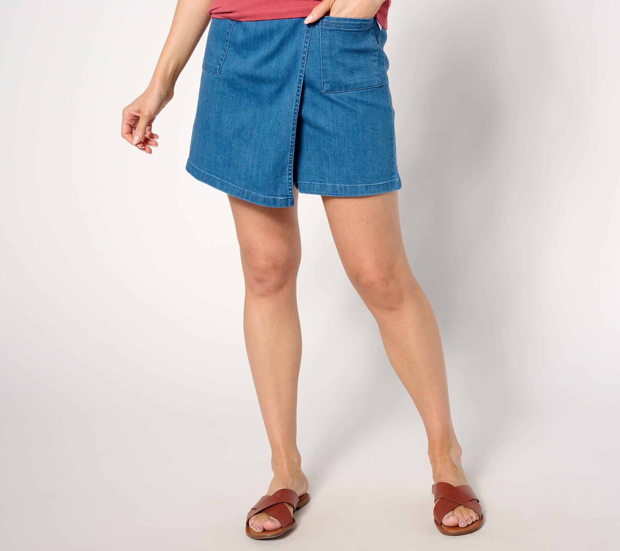 AnyBody Regular Faux Wrap Pull-On Denim Skort- Medium Wash