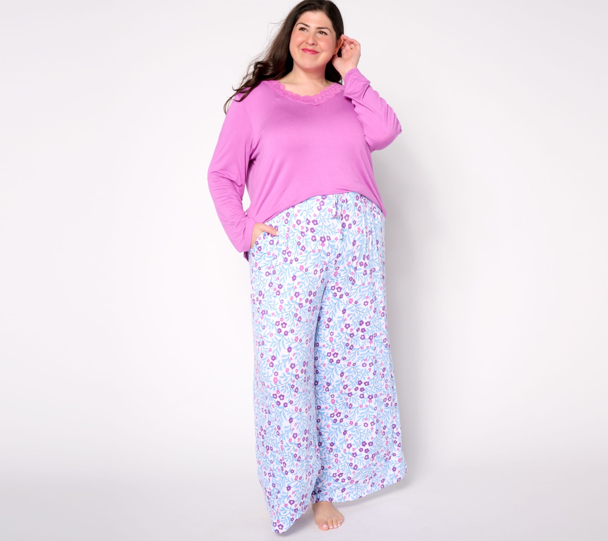 MUK LUKS Lovely Lace V-Neck & Wide Leg Pajama Set