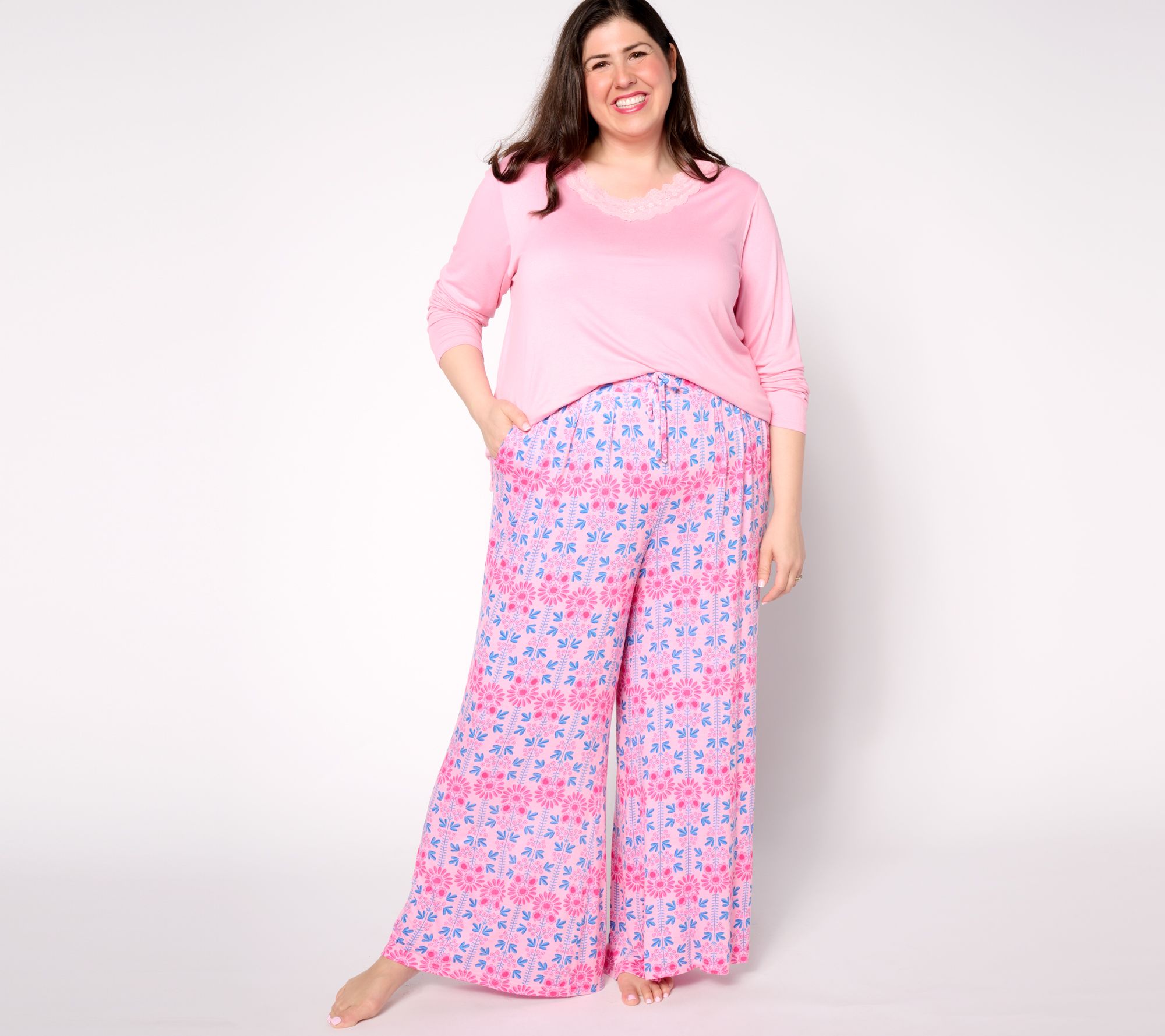 MUK LUKS Lovely Lace V-Neck & Wide Leg Pajama Set