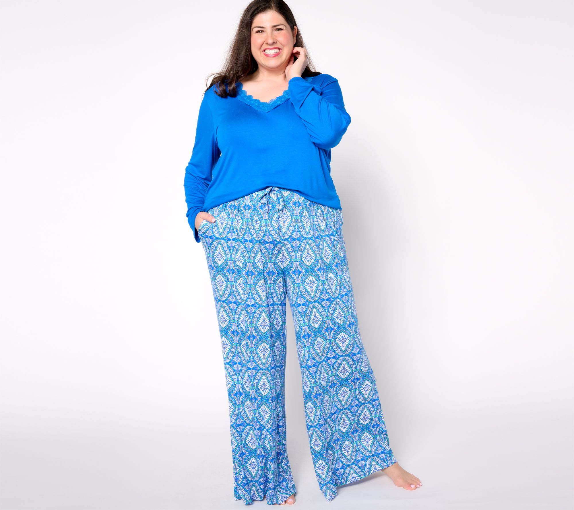 MUK LUKS Lovely Lace V-Neck & Wide Leg Pajama Set