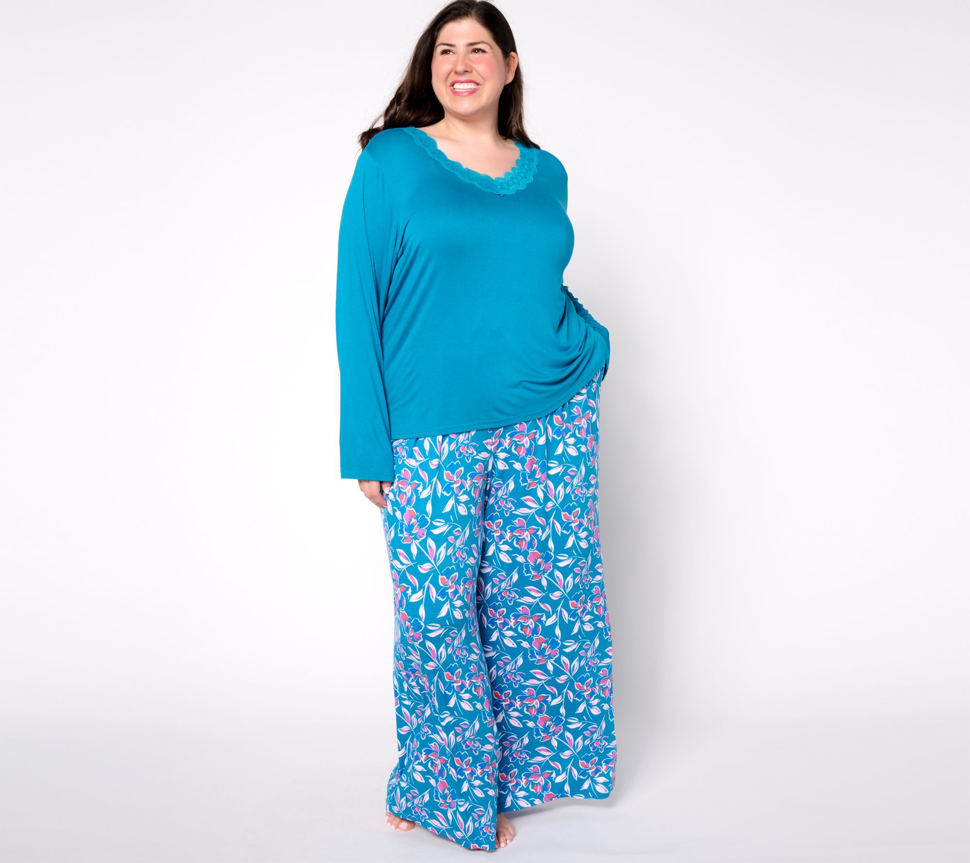 MUK LUKS Lovely Lace V-Neck & Wide Leg Pajama Set