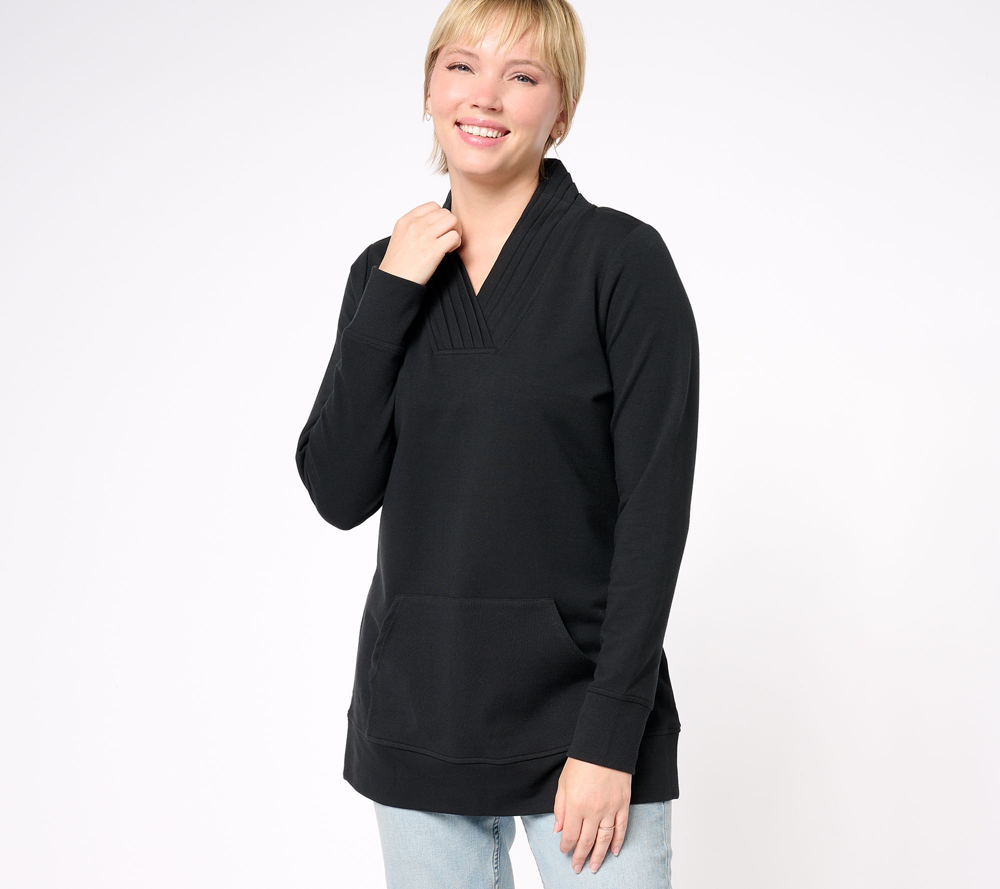 "As Is" Denim & Co. Active Petite French Terry Pleated V-Neck Tunic