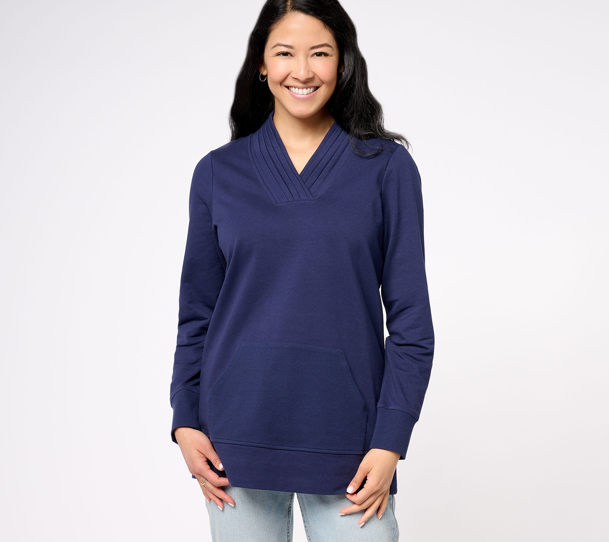 "As Is" Denim & Co. Active Petite French Terry Pleated V-Neck Tunic