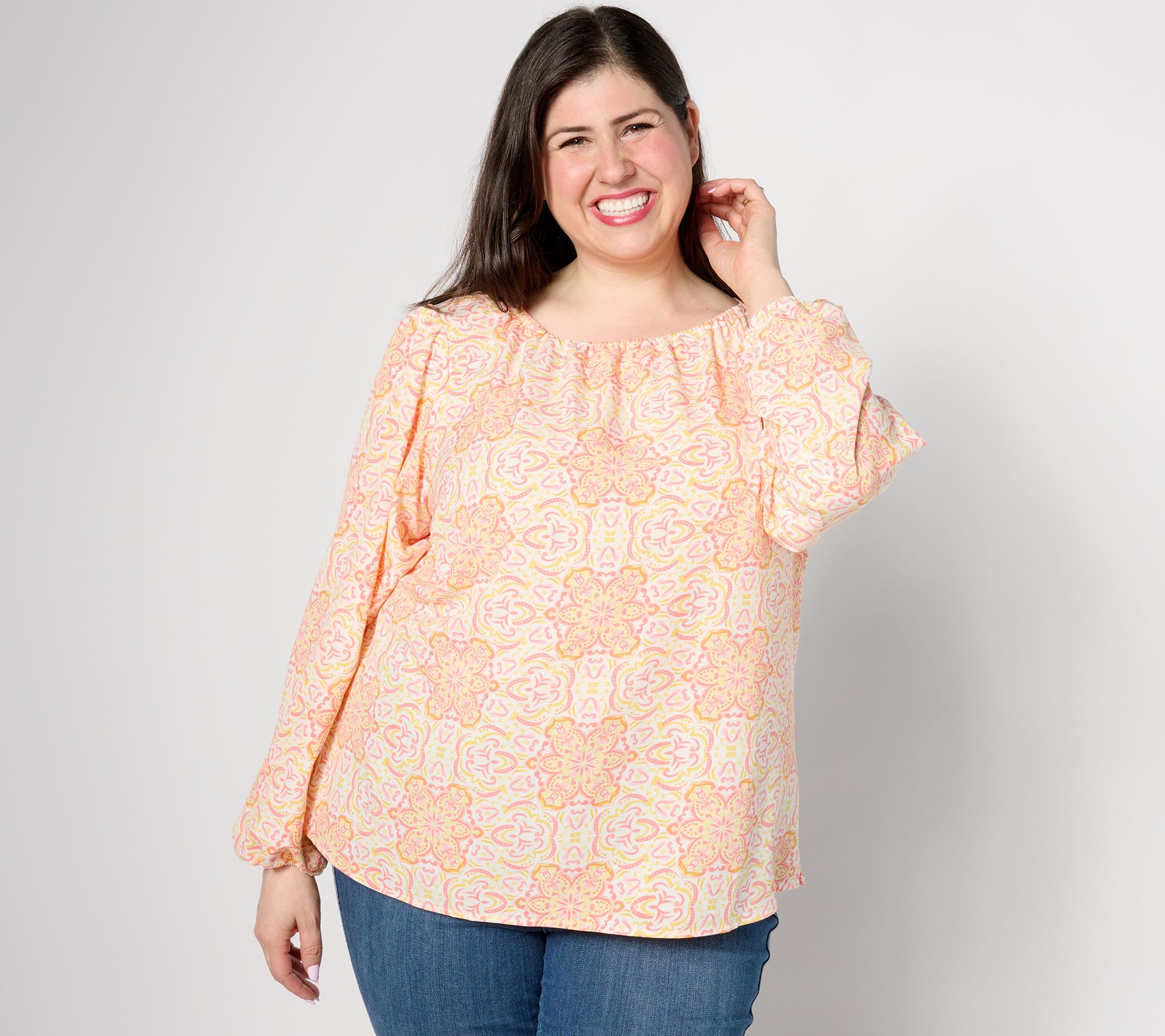 "As Is" Denim & Co. Medallion Print Boho Blouse