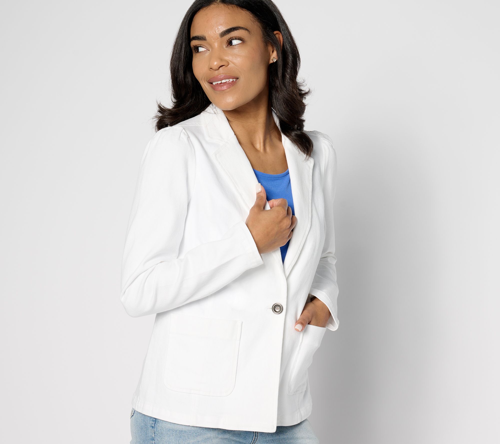 "As Is" Susan Graver Petite Denim Notch Collar Puff Sleeve Blazer