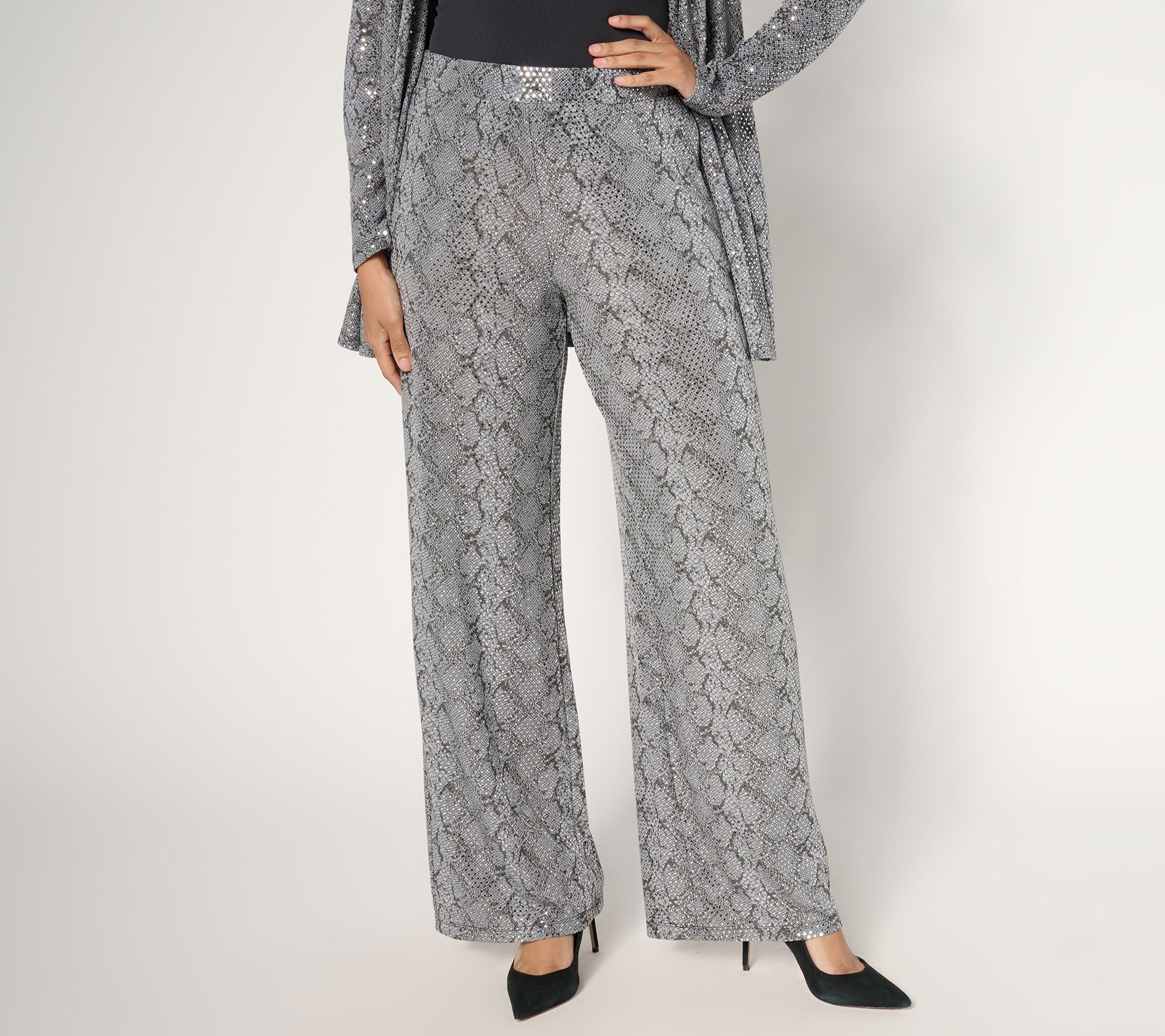 Susan Graver Occasions Pet Metallic Knit Foil Print Wide-Leg Pants