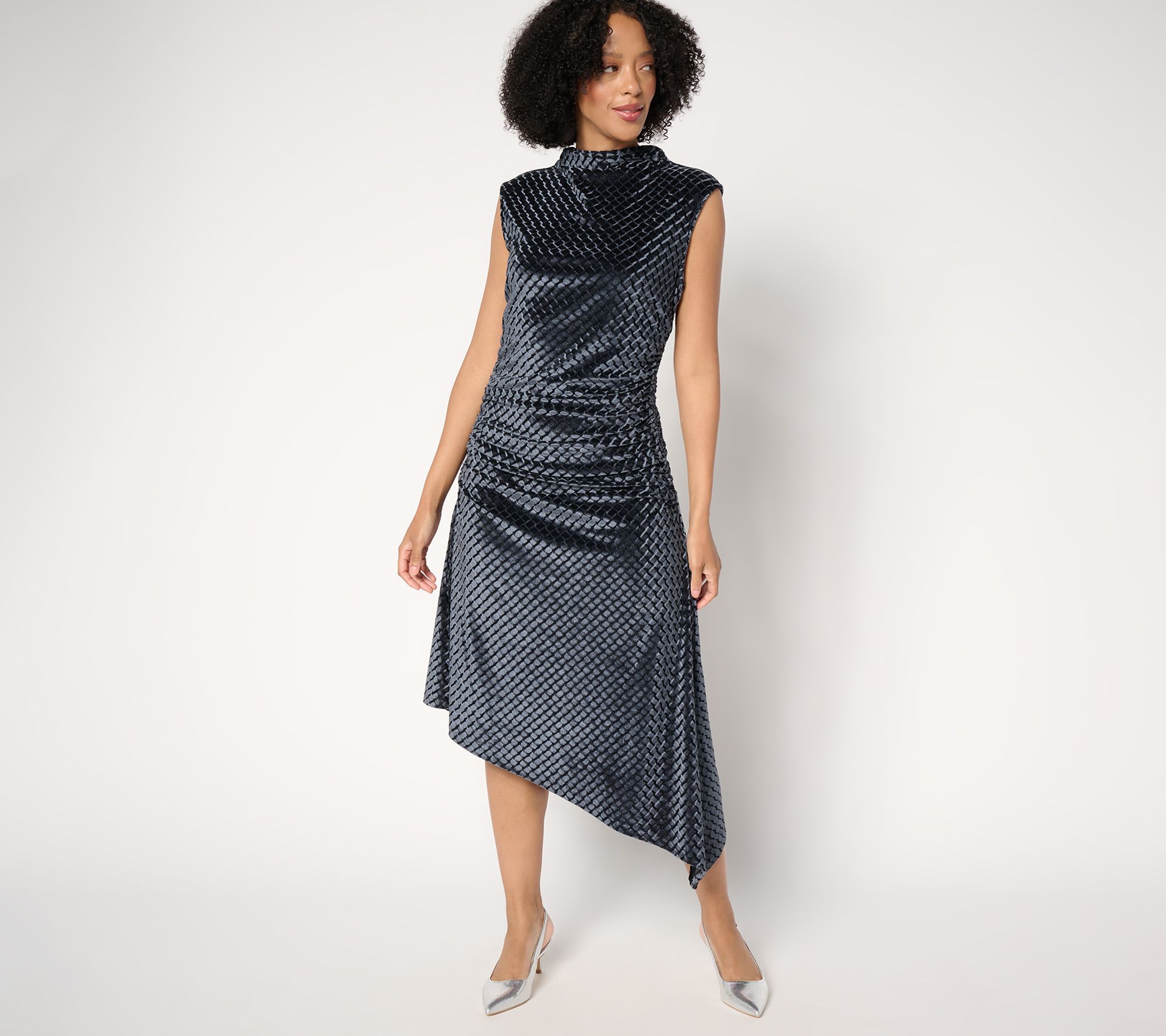 Destination 365 Regular Velvet Mock Neck Side Gathered Midi Dress