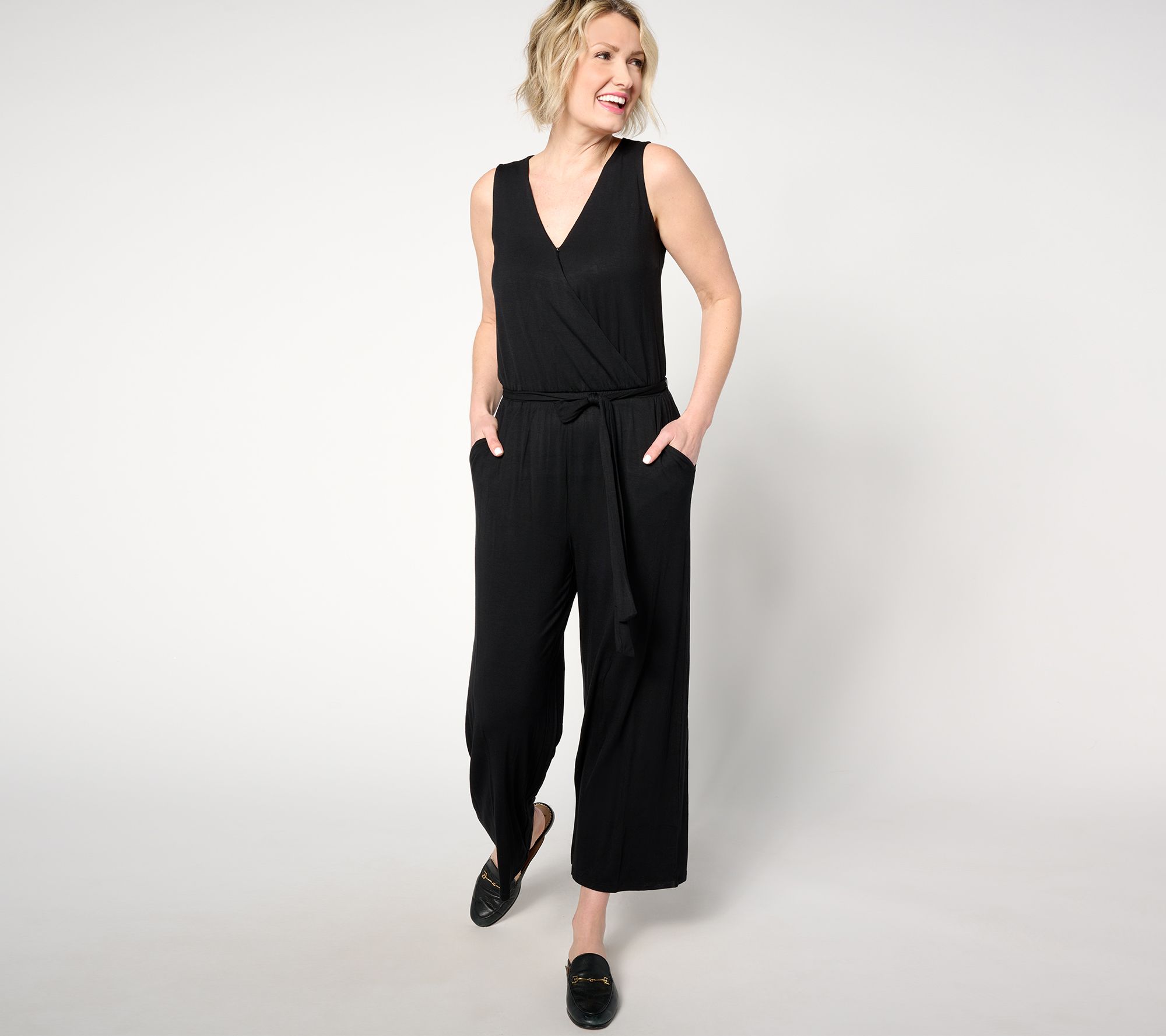 "As Is" Susan Graver Soleil Petite Printed Tie Waist Jumpsuit